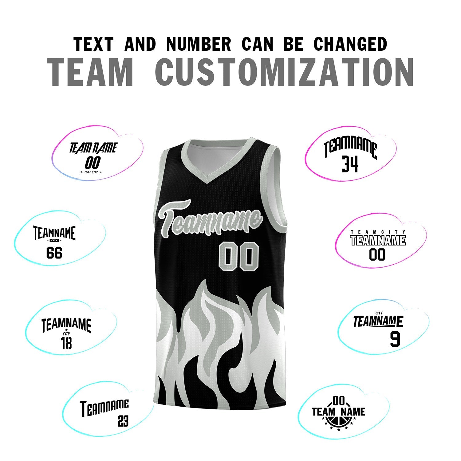 Custom Black Gray Hem Flame Pattern Fashion Sports Uniform Basketball jersey