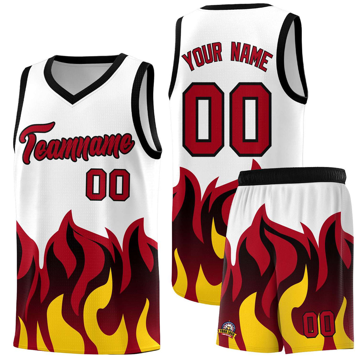 Custom White Red Hem Flame Pattern Fashion Sports Uniform Basketball jersey