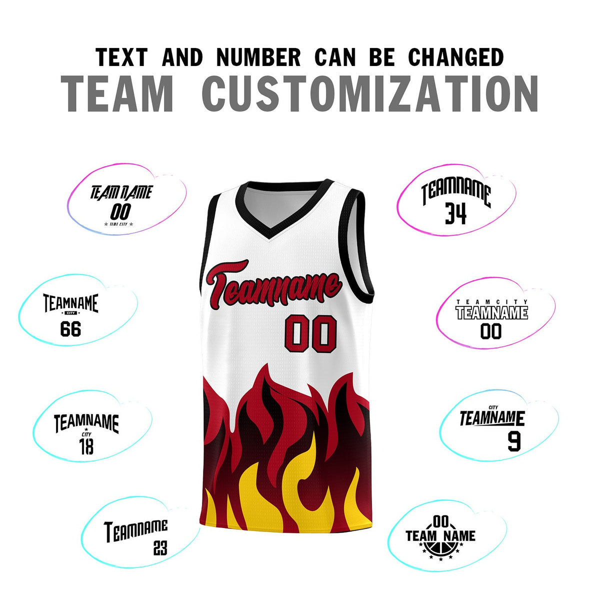 Custom White Red Hem Flame Pattern Fashion Sports Uniform Basketball jersey