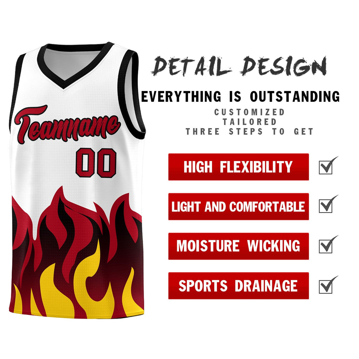 Custom White Red Hem Flame Pattern Fashion Sports Uniform Basketball jersey