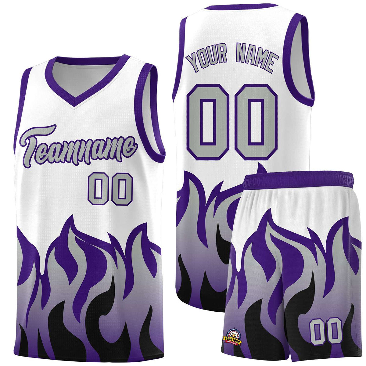 Custom White Purple Hem Flame Pattern Fashion Sports Uniform Basketball jersey