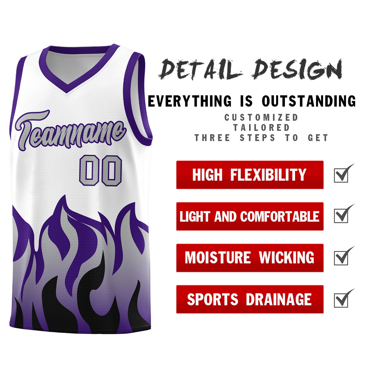 Custom White Purple Hem Flame Pattern Fashion Sports Uniform Basketball jersey