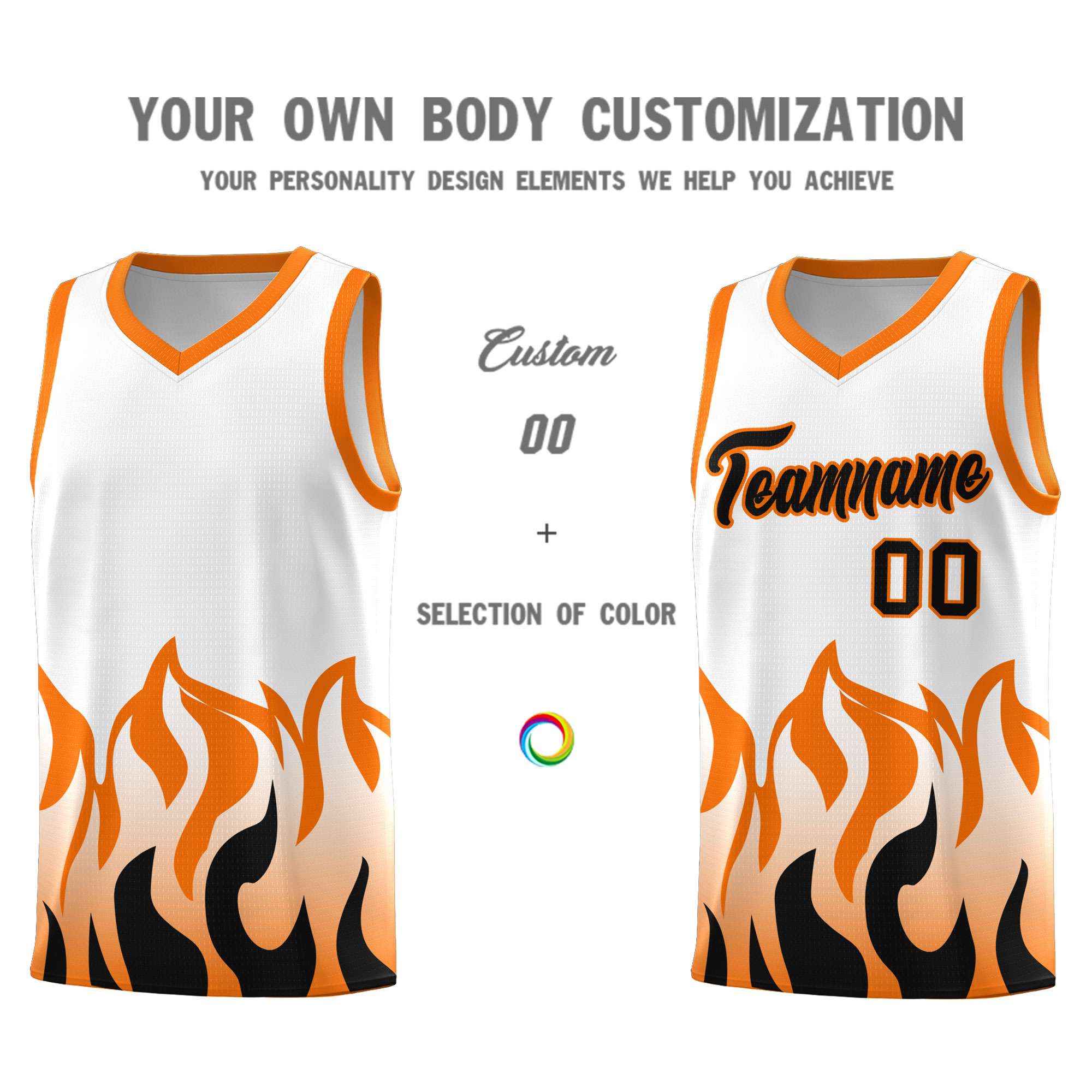 Custom White Orange Hem Flame Pattern Fashion Sports Uniform Basketball jersey