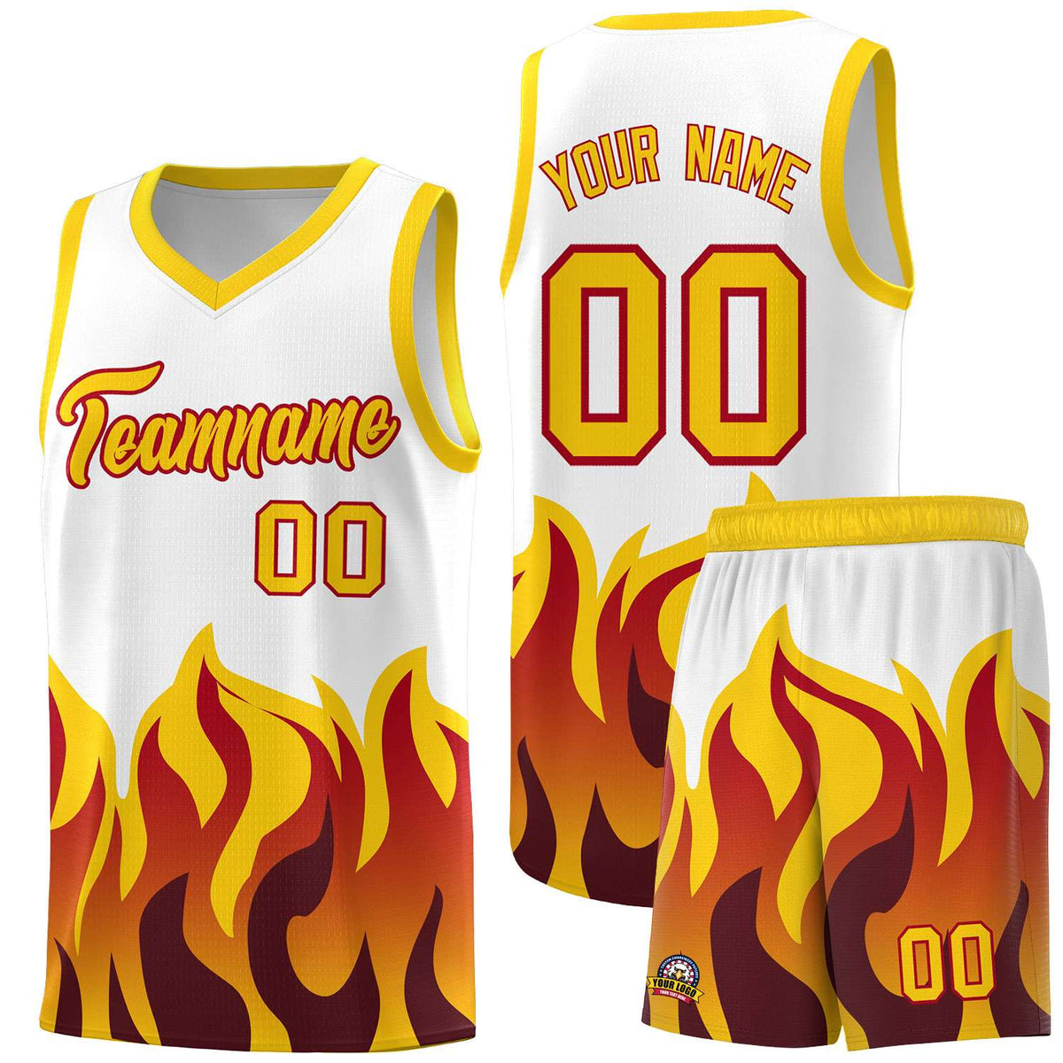 Custom White Gold Hem Flame Pattern Fashion Sports Uniform Basketball jersey