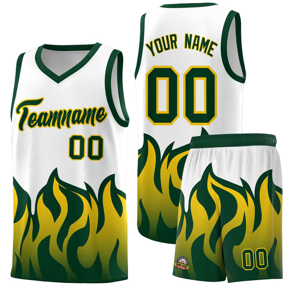 Custom White Hunter Green Hem Flame Pattern Fashion Sports Uniform Basketball jersey