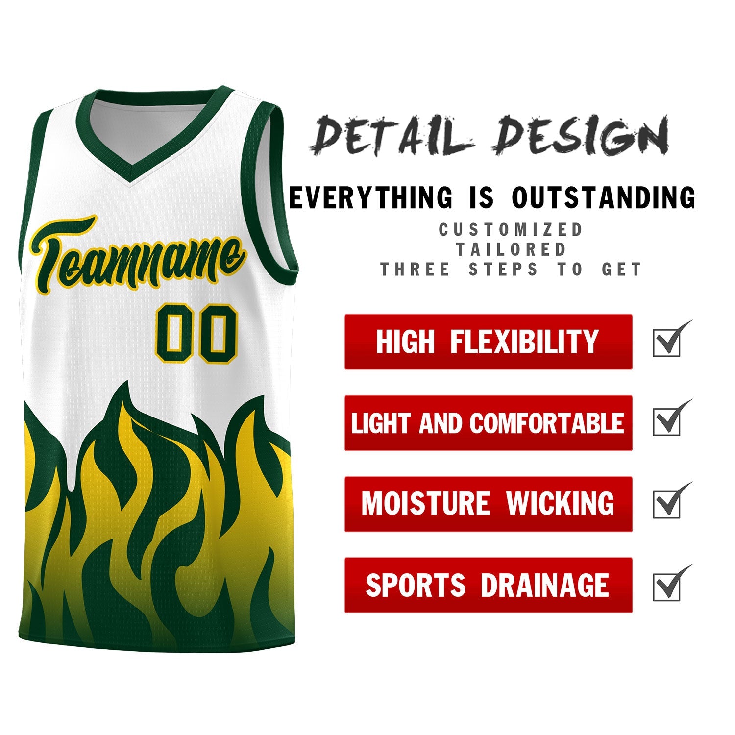 Custom White Hunter Green Hem Flame Pattern Fashion Sports Uniform Basketball jersey