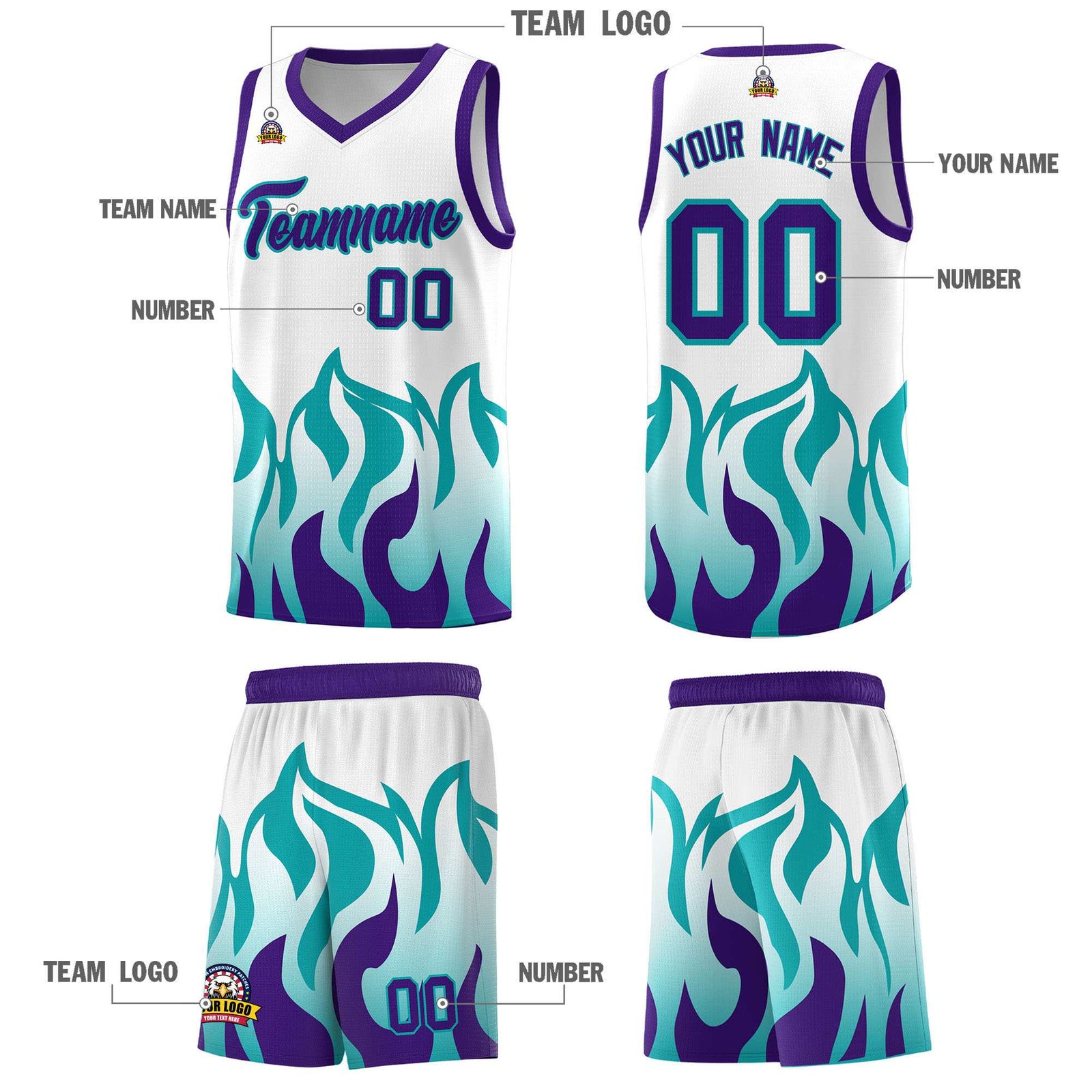 Custom White Aqua Hem Flame Pattern Fashion Sports Uniform Basketball jersey