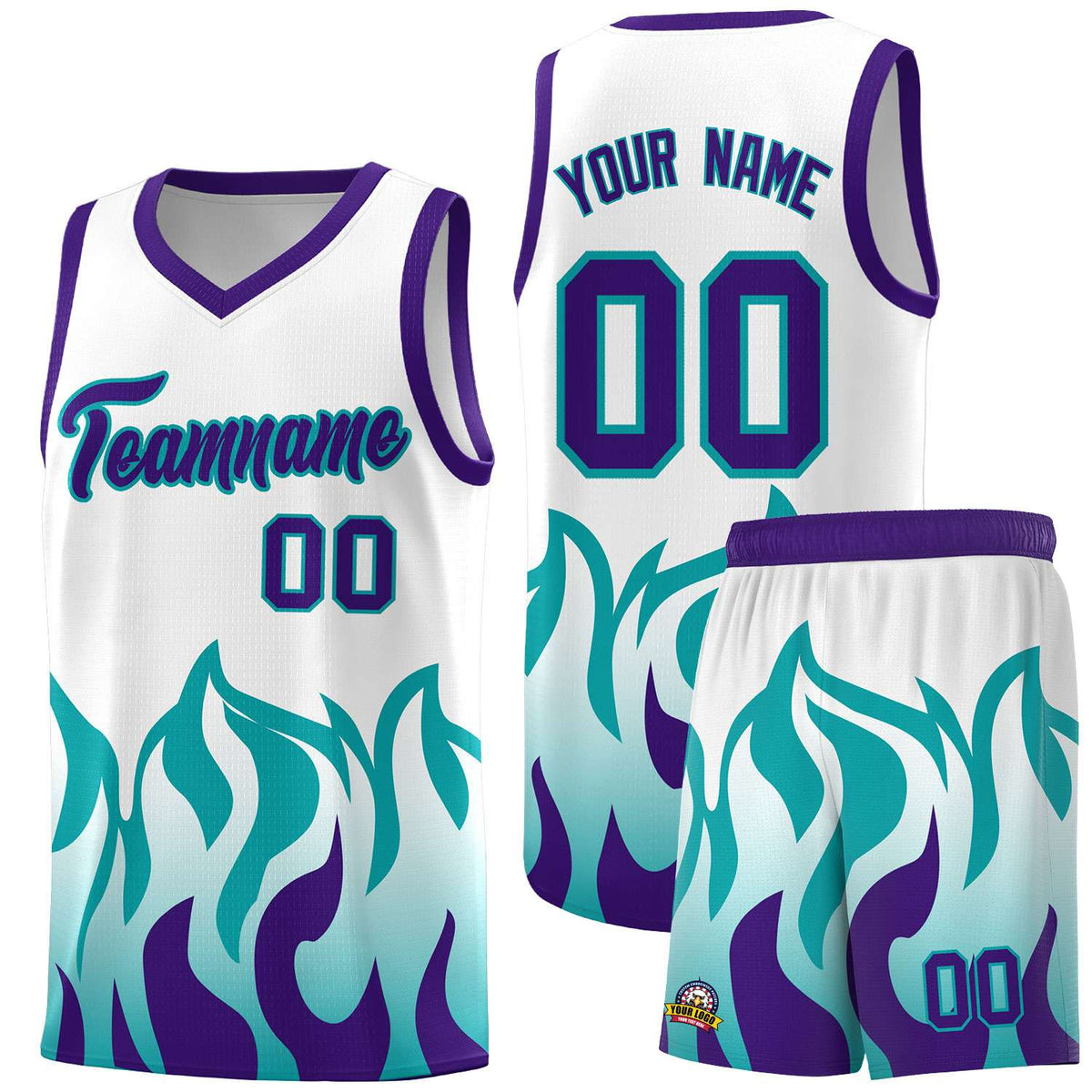 Custom White Aqua Hem Flame Pattern Fashion Sports Uniform Basketball jersey