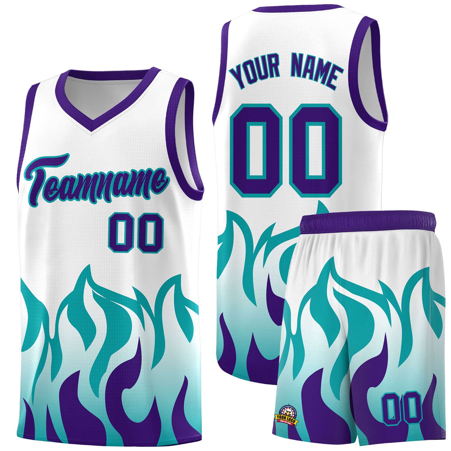 Custom White Aqua Hem Flame Pattern Fashion Sports Uniform Basketball jersey