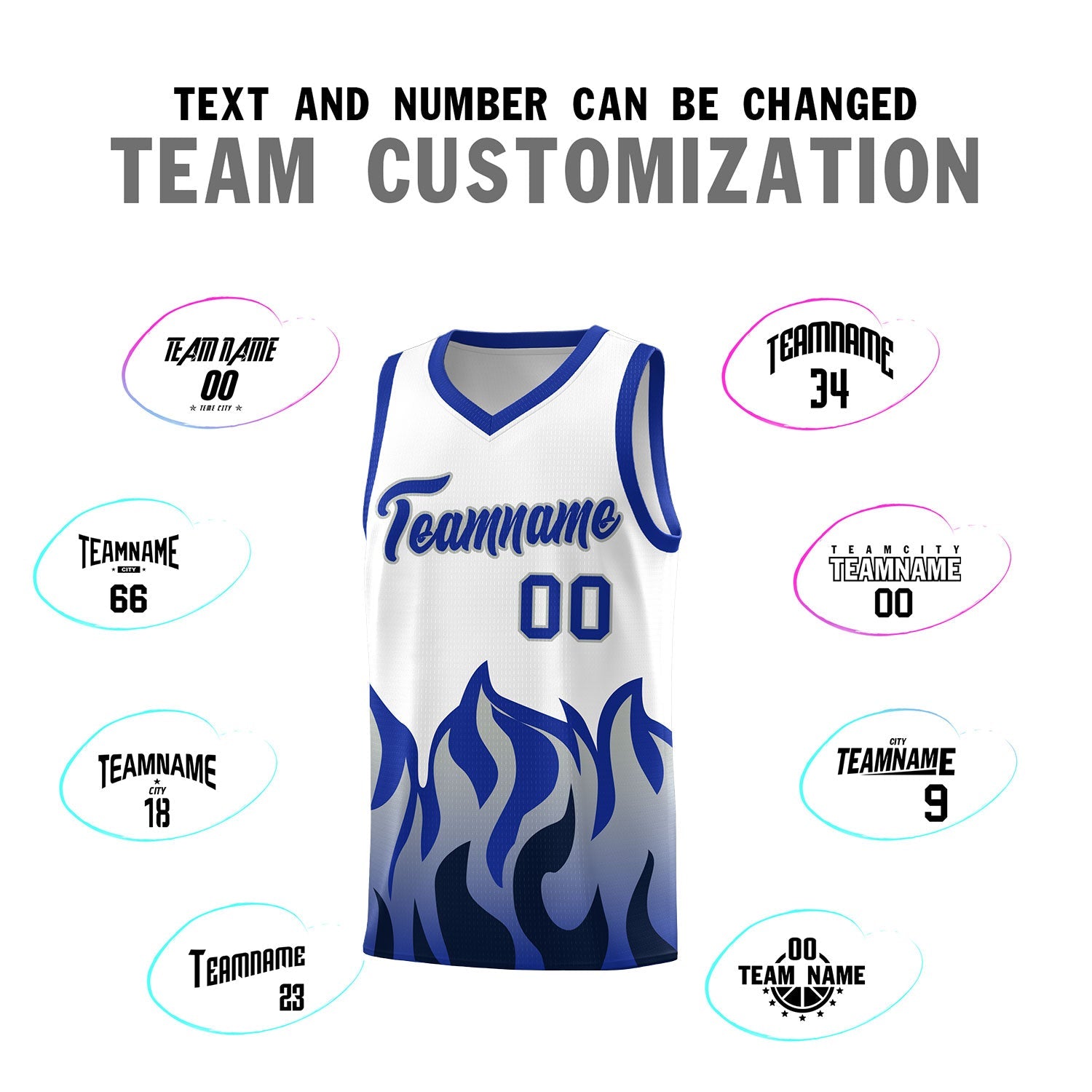 Custom White Royal Hem Flame Pattern Fashion Sports Uniform Basketball jersey