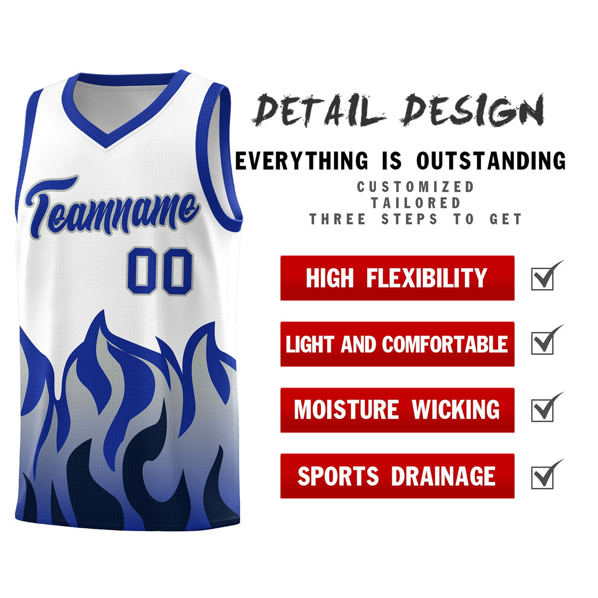 Custom White Royal Hem Flame Pattern Fashion Sports Uniform Basketball jersey