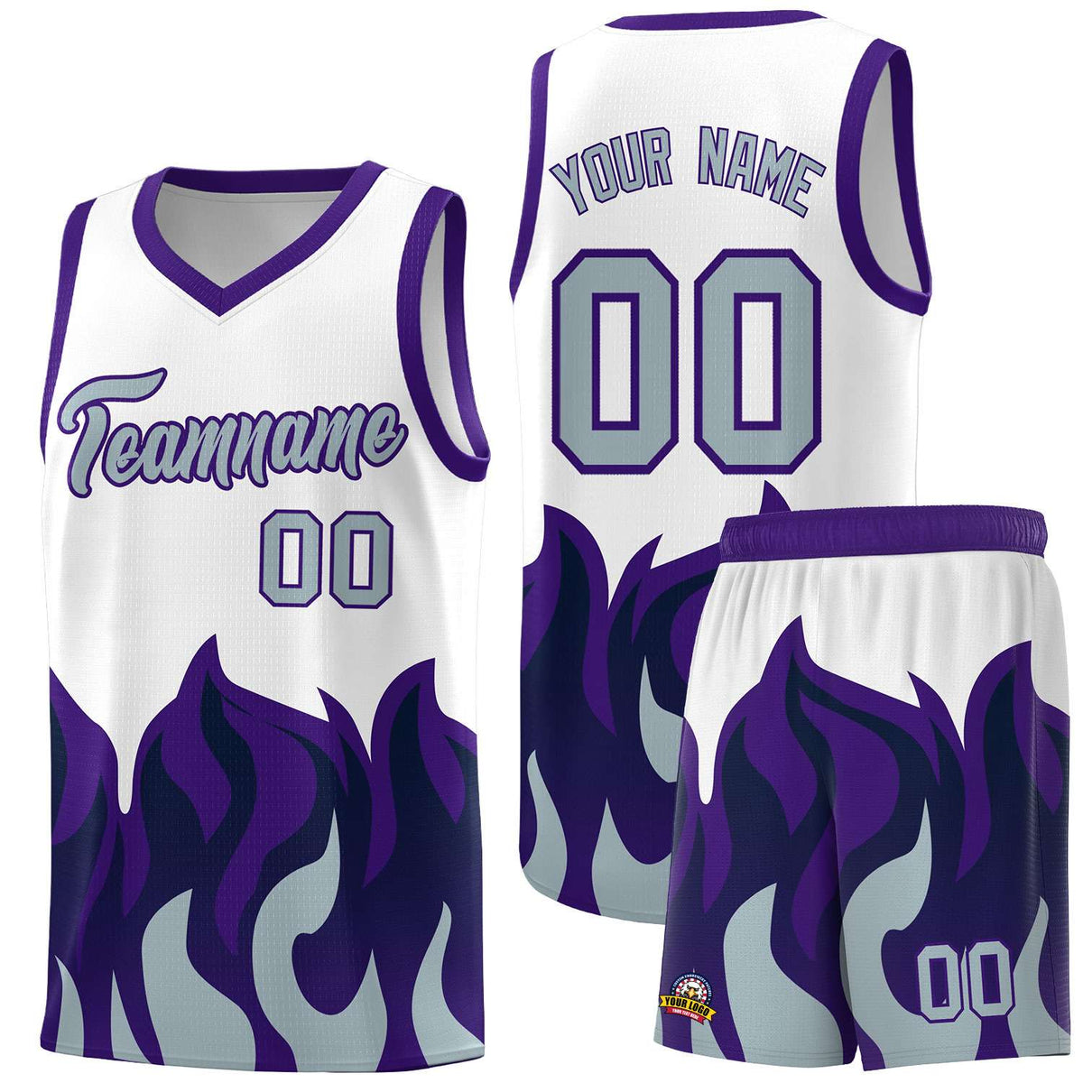 Custom White Purple Hem Flame Pattern Fashion Sports Uniform Basketball jersey