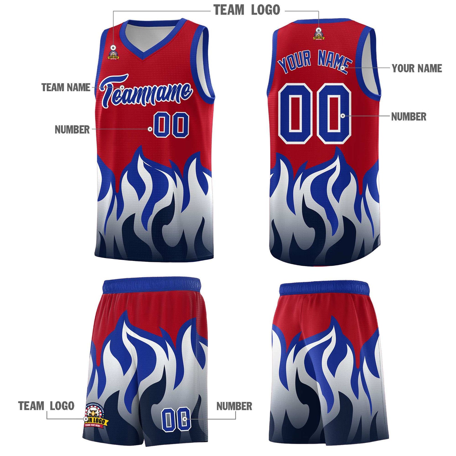 Custom Red Royal Hem Flame Pattern Fashion Sports Uniform Basketball jersey