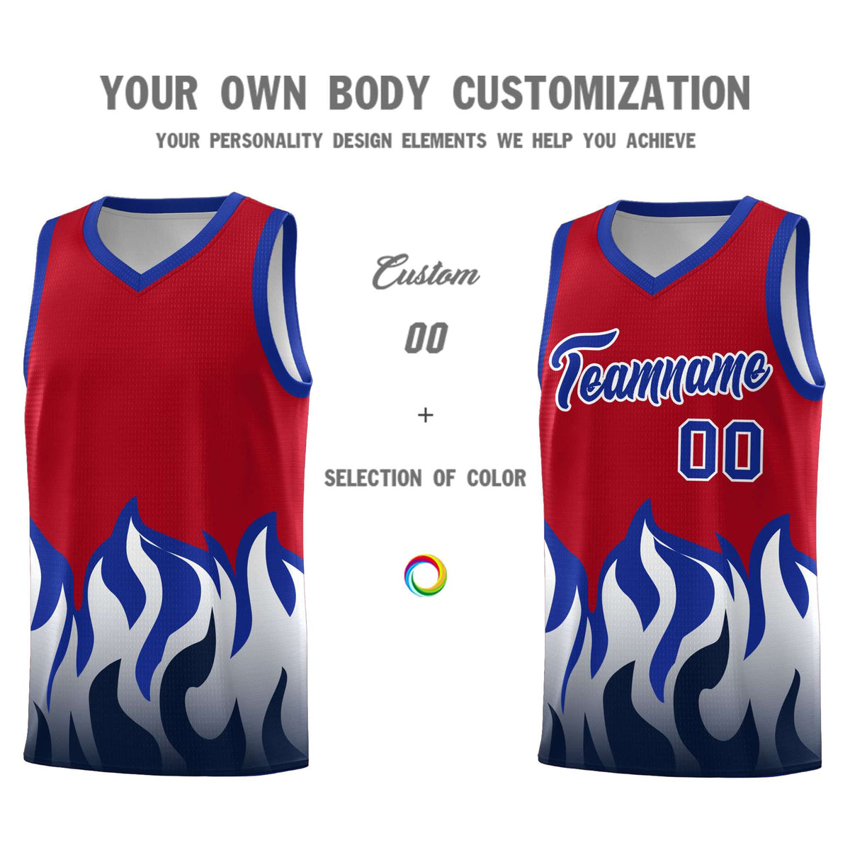 Custom Red Royal Hem Flame Pattern Fashion Sports Uniform Basketball jersey