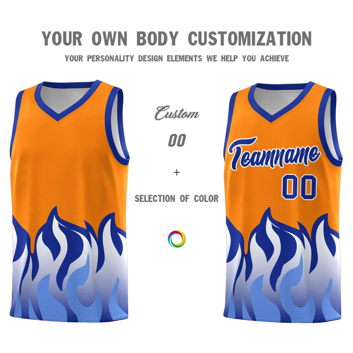 Custom Orange Royal Hem Flame Pattern Fashion Sports Uniform Basketball jersey