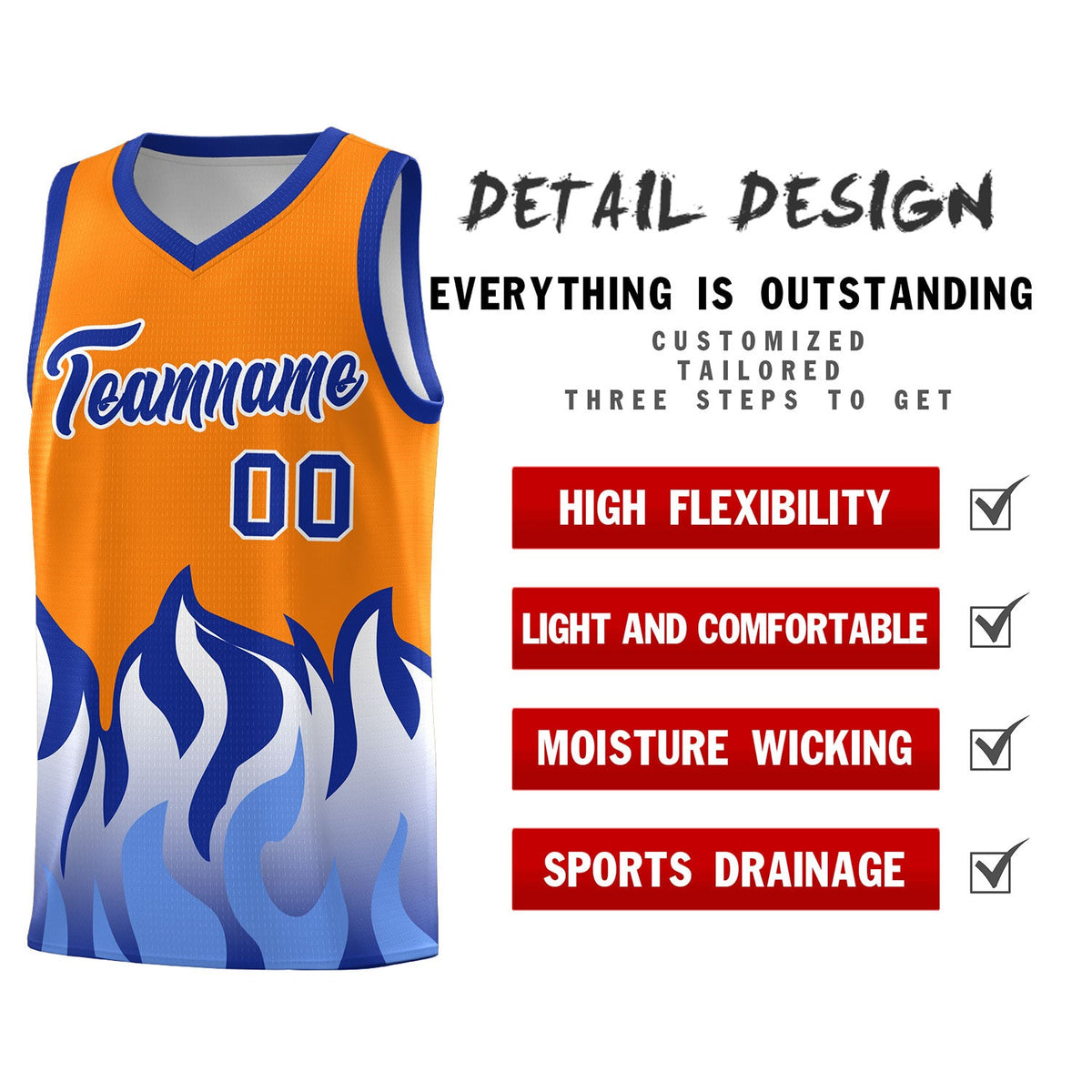 Custom Orange Royal Hem Flame Pattern Fashion Sports Uniform Basketball jersey