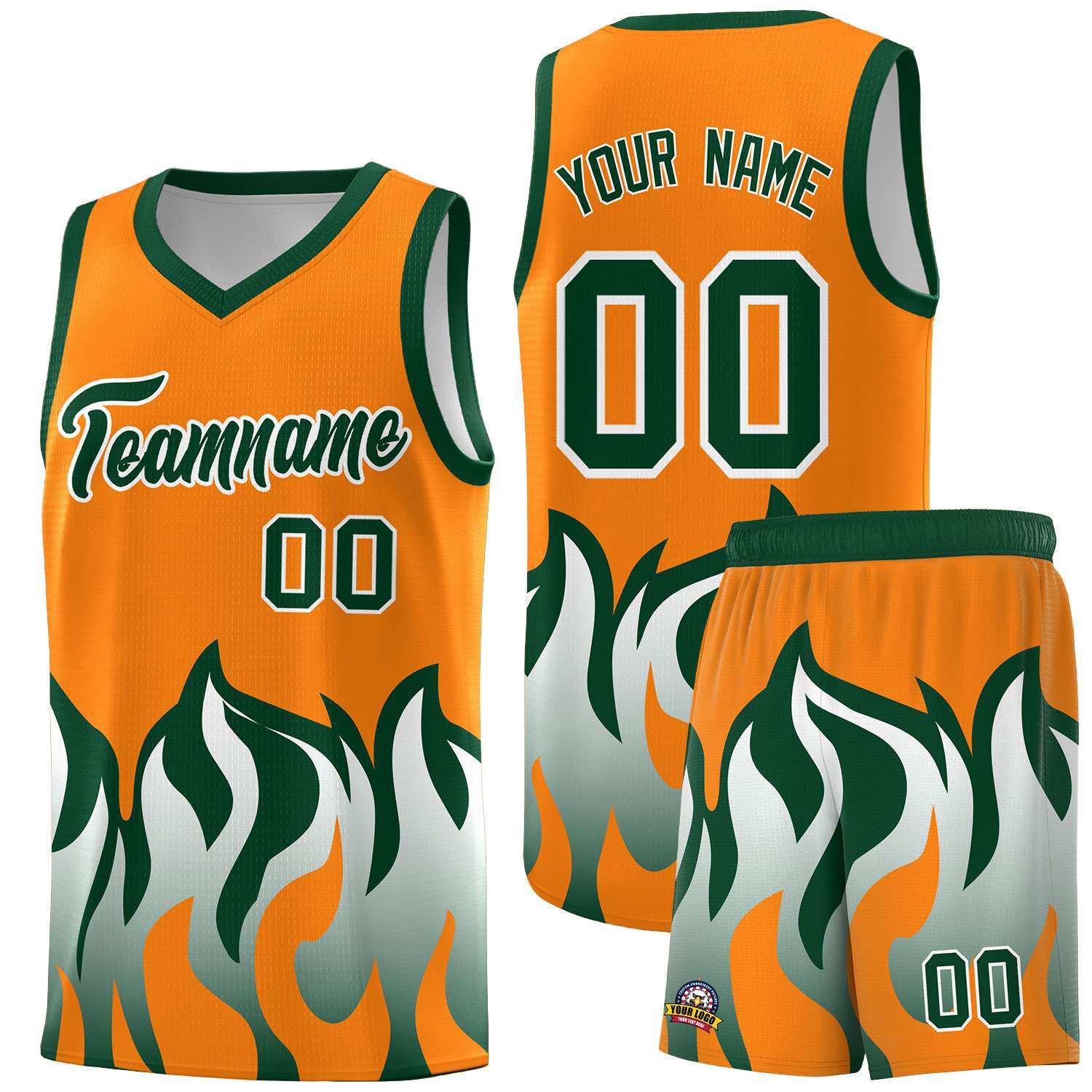 Custom Orange Hunter Green Hem Flame Pattern Fashion Sports Uniform Basketball jersey