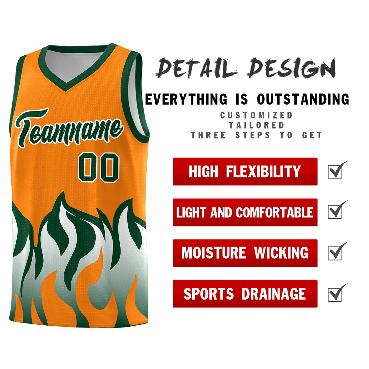 Custom Orange Hunter Green Hem Flame Pattern Fashion Sports Uniform Basketball jersey