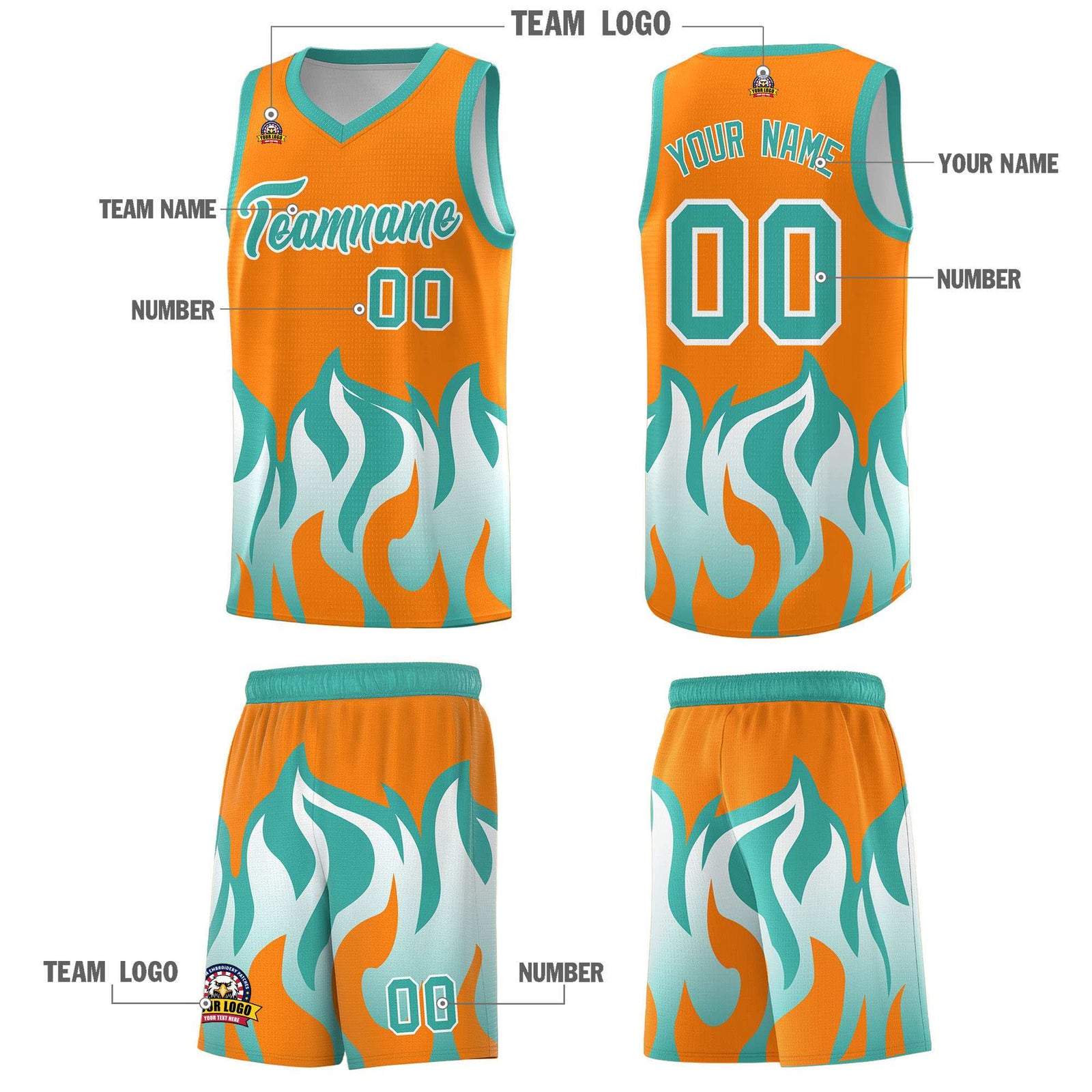 Custom Orange Bright Green Hem Flame Pattern Fashion Sports Uniform Basketball jersey