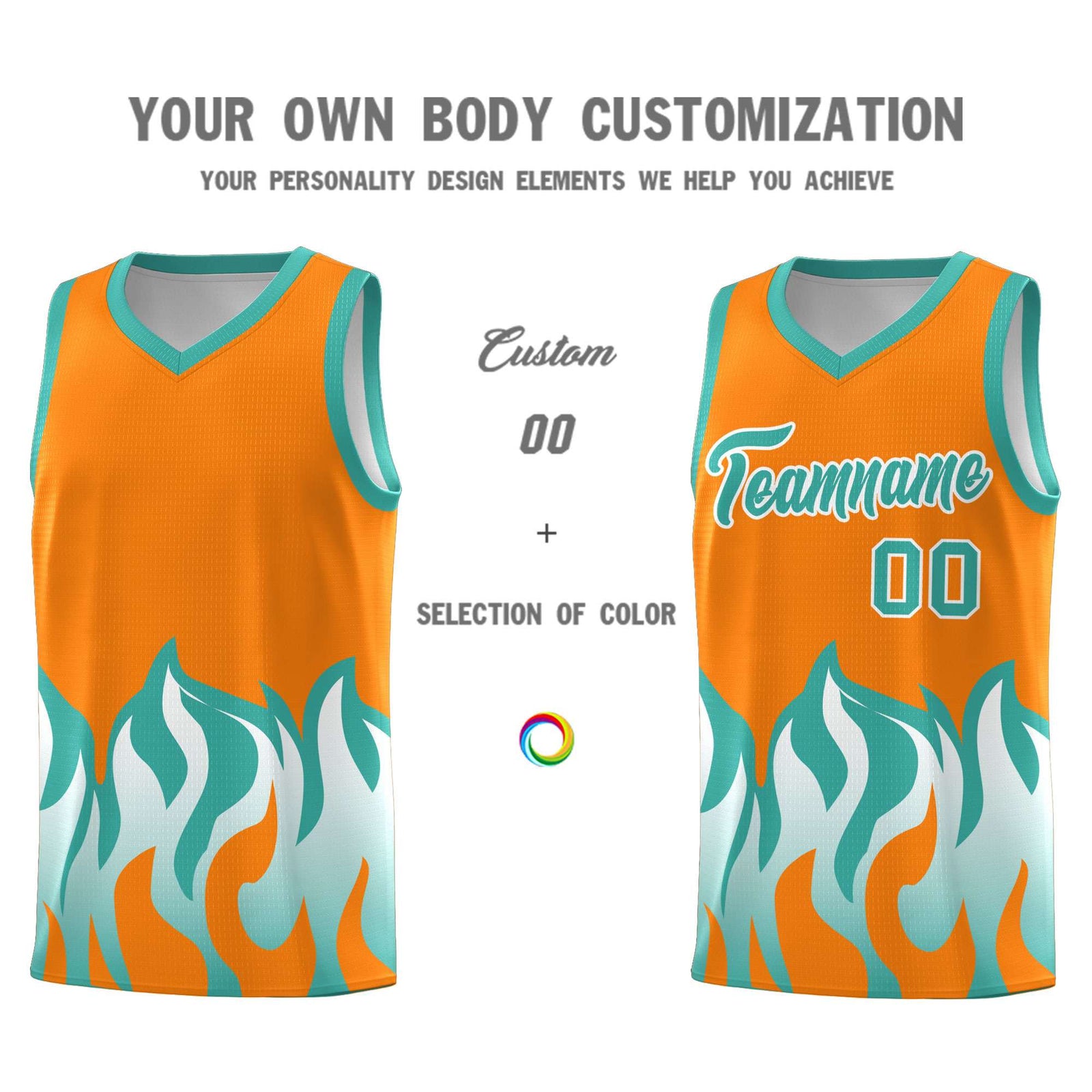 Custom Orange Bright Green Hem Flame Pattern Fashion Sports Uniform Basketball jersey