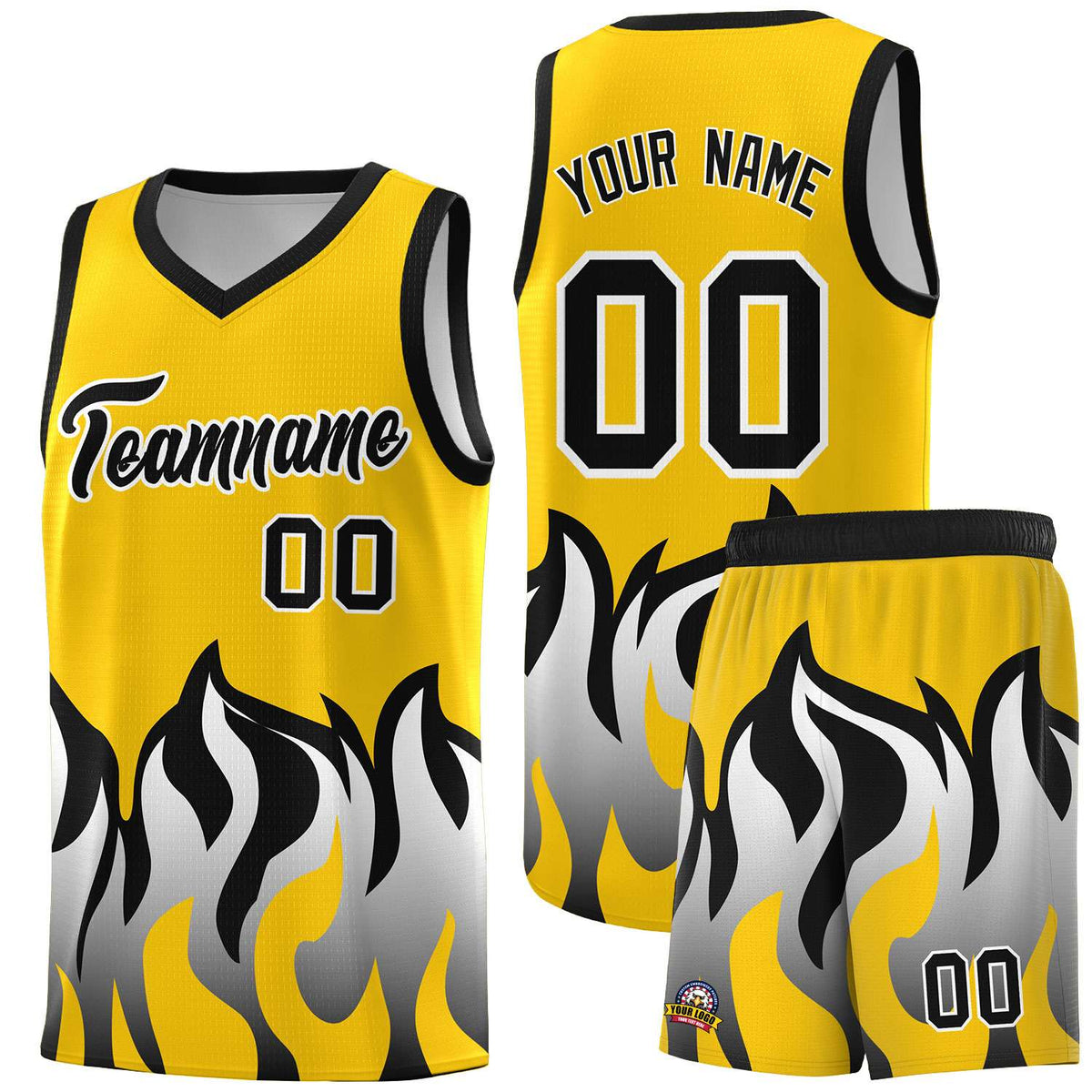 Custom Gold Black Hem Flame Pattern Fashion Sports Uniform Basketball jersey