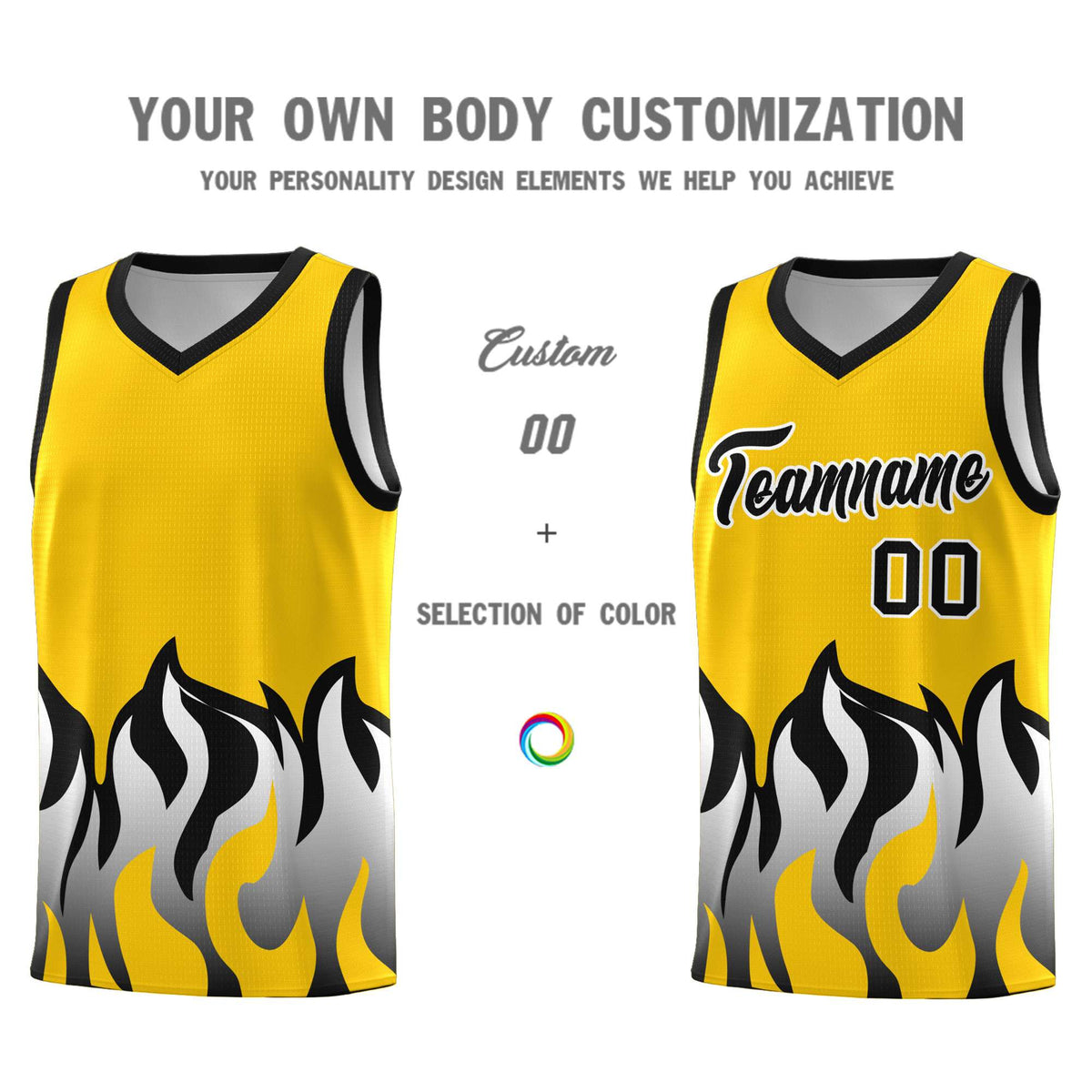 Custom Gold Black Hem Flame Pattern Fashion Sports Uniform Basketball jersey