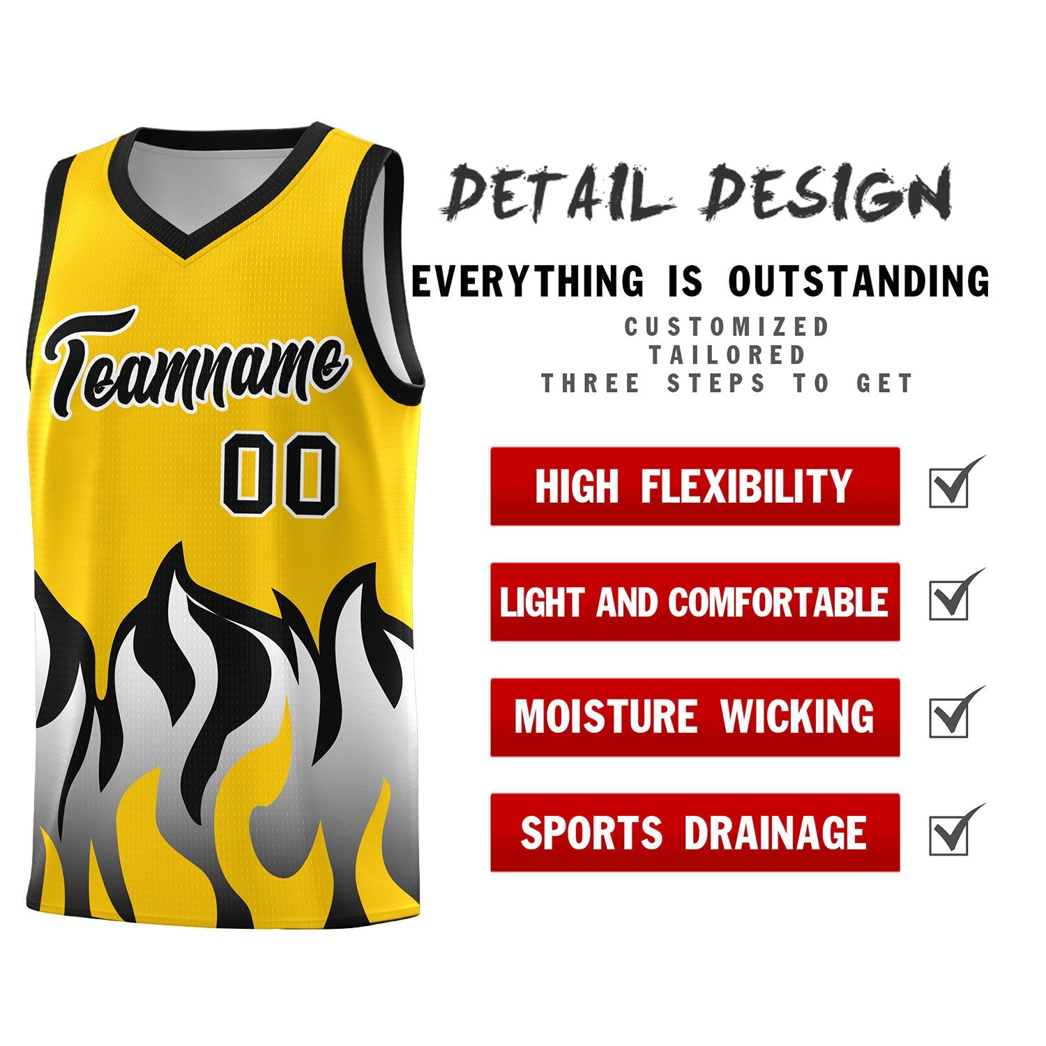 Custom Gold Black Hem Flame Pattern Fashion Sports Uniform Basketball jersey