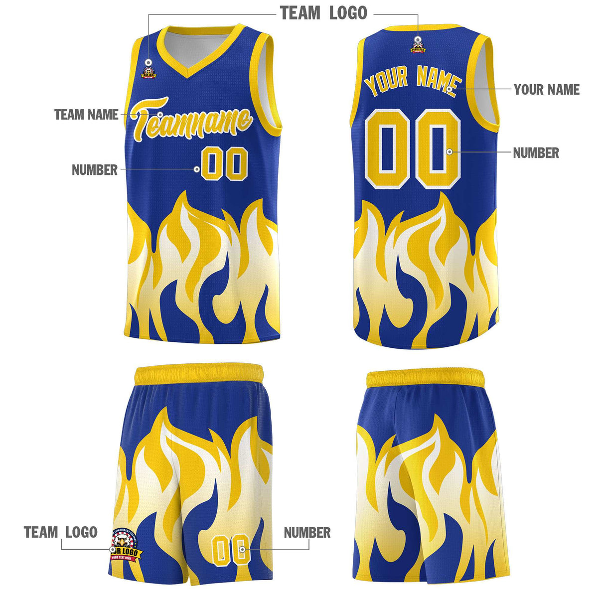 Custom Royal Gold Hem Flame Pattern Fashion Sports Uniform Basketball jersey