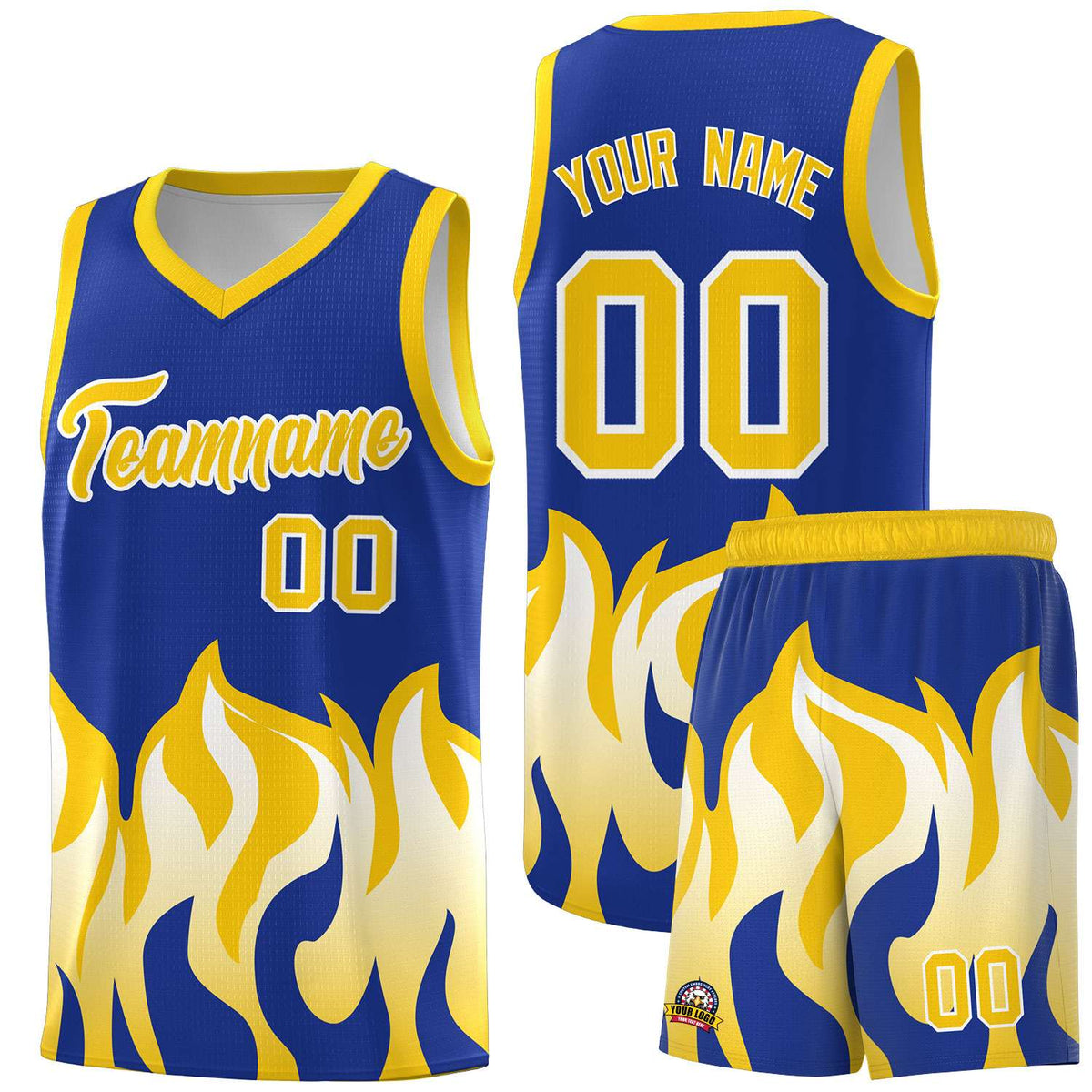 Custom Royal Gold Hem Flame Pattern Fashion Sports Uniform Basketball jersey