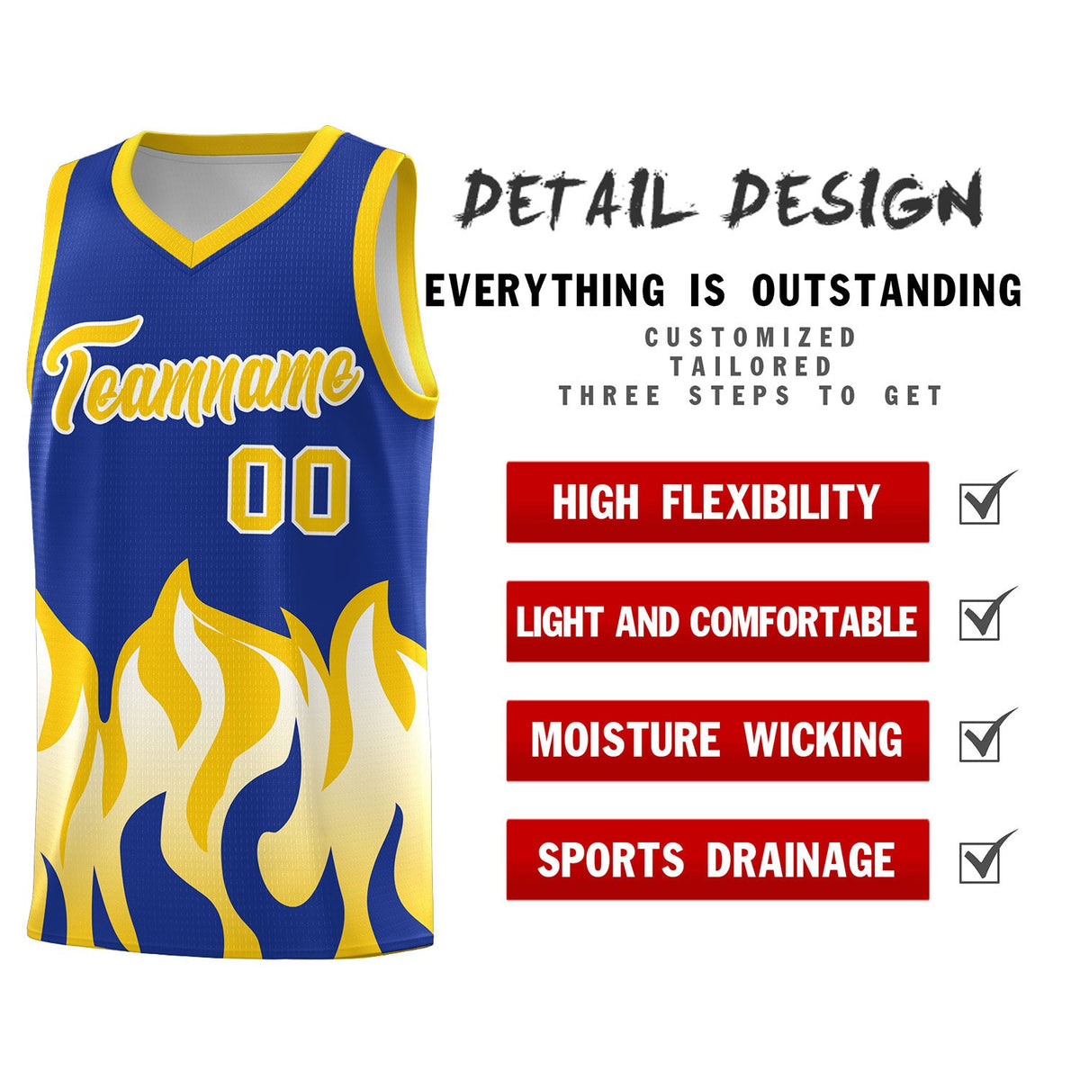 Custom Royal Gold Hem Flame Pattern Fashion Sports Uniform Basketball jersey