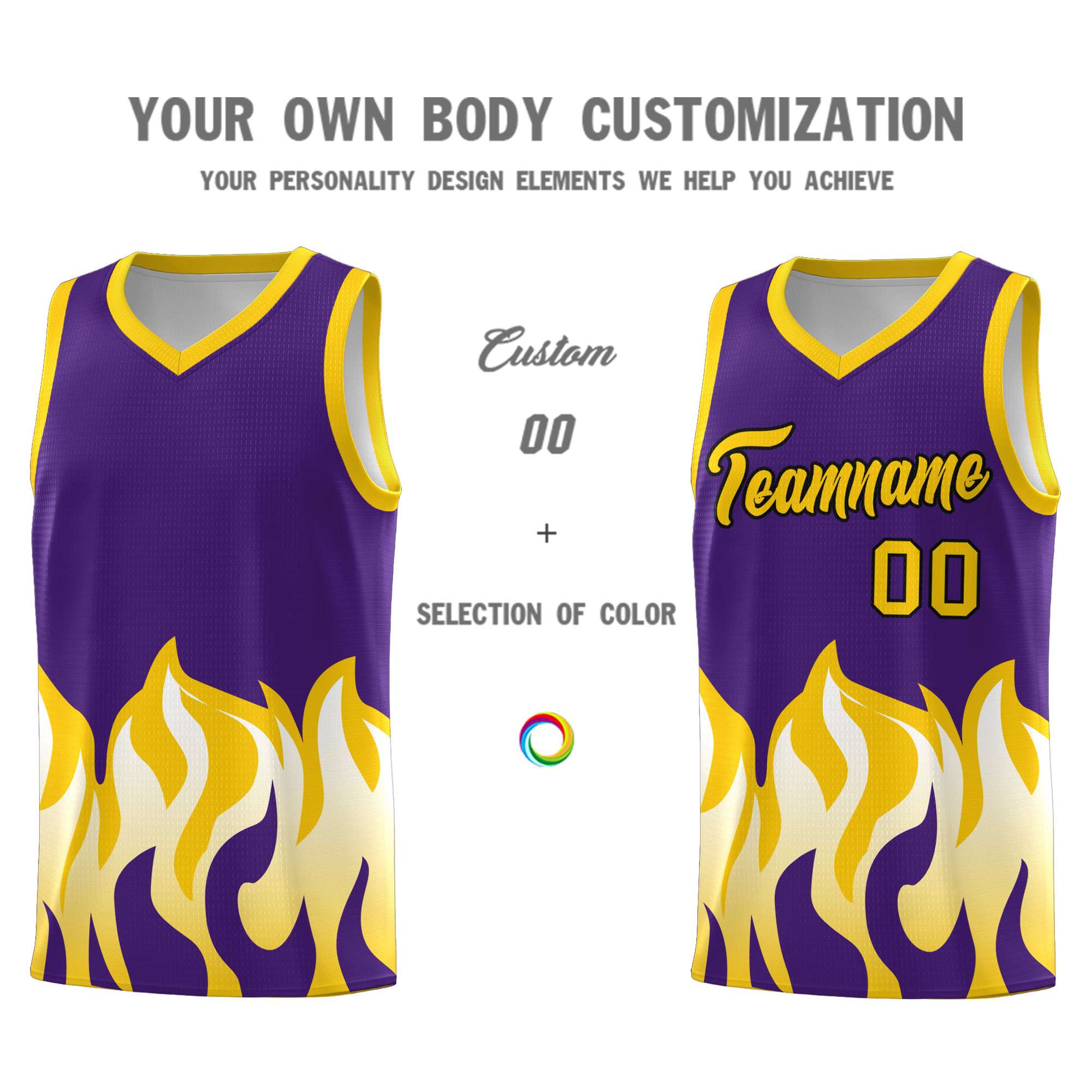 Custom Purple Gold Hem Flame Pattern Fashion Sports Uniform Basketball jersey
