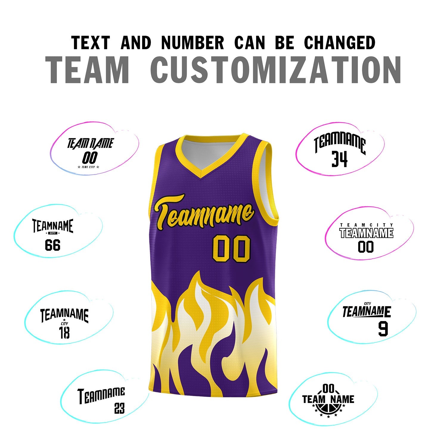 Custom Purple Gold Hem Flame Pattern Fashion Sports Uniform Basketball jersey