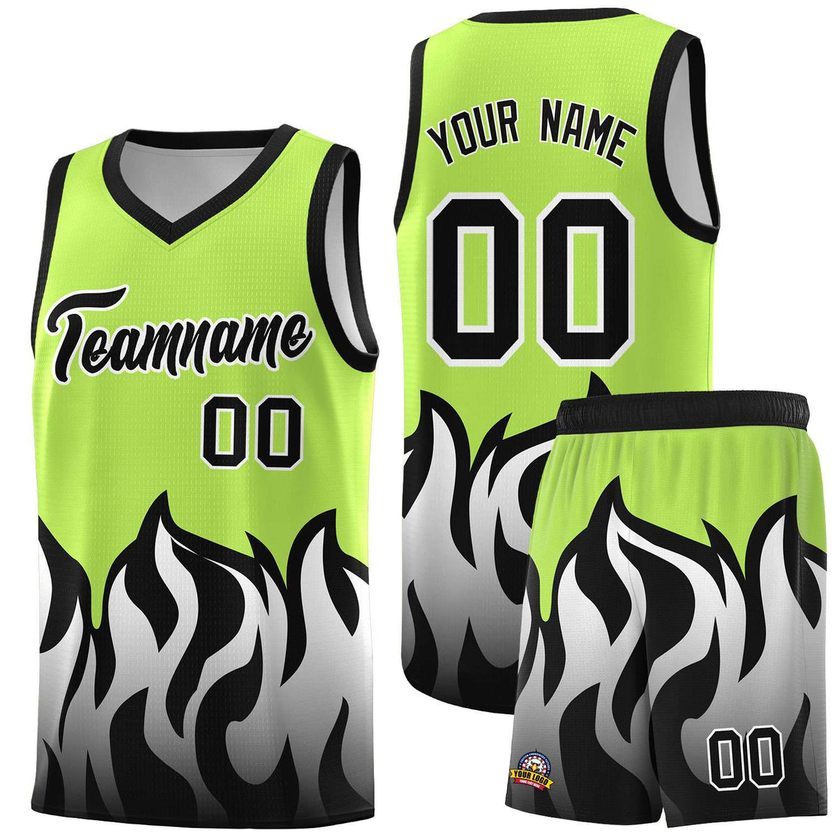 Custom Neon Green Black Hem Flame Pattern Fashion Sports Uniform Basketball jersey