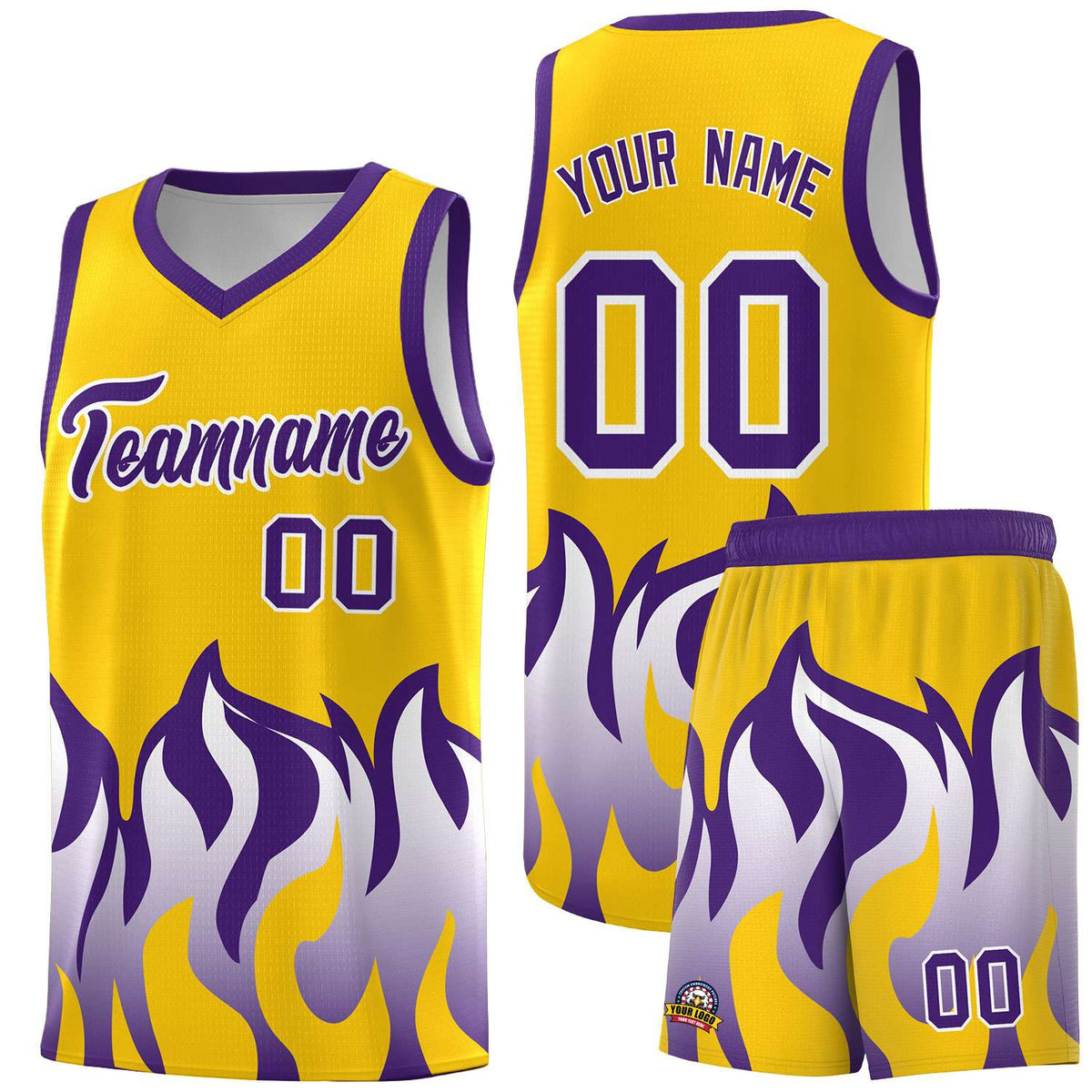 Custom Yellow Purple Hem Flame Pattern Fashion Sports Uniform Basketball jersey