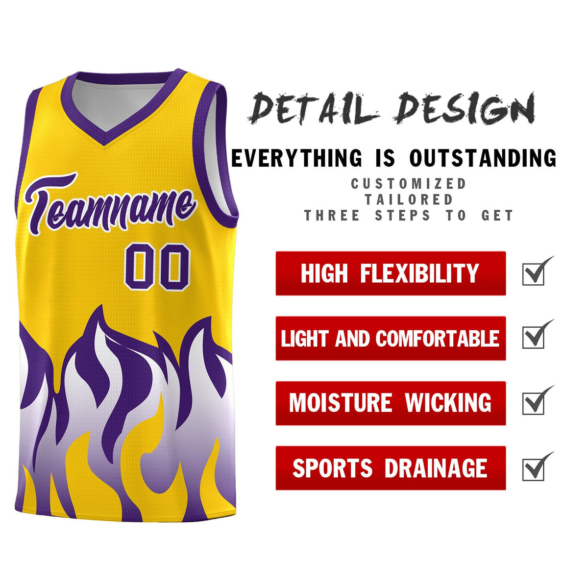 Custom Yellow Purple Hem Flame Pattern Fashion Sports Uniform Basketball jersey