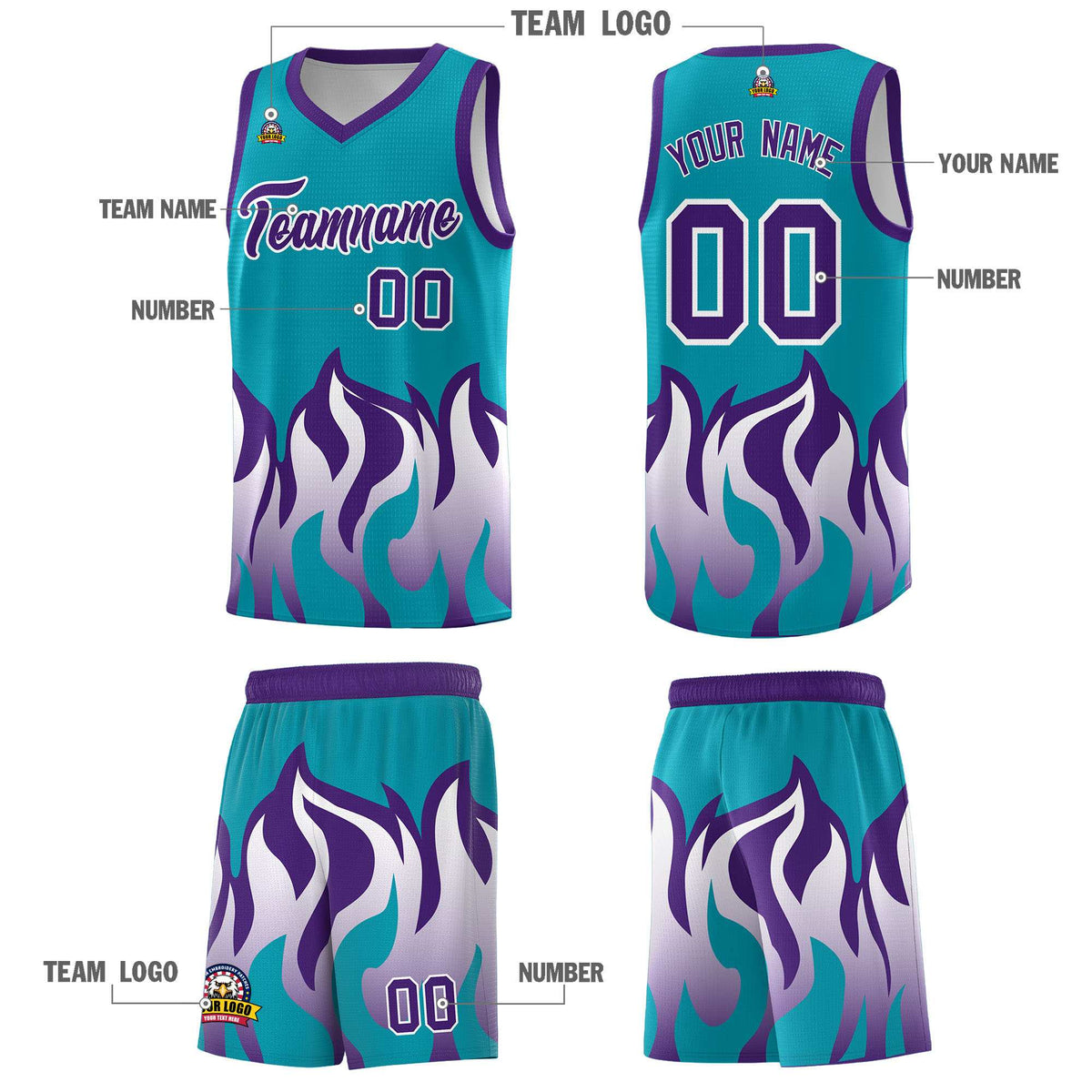 Custom Aqua Purple Hem Flame Pattern Fashion Sports Uniform Basketball jersey