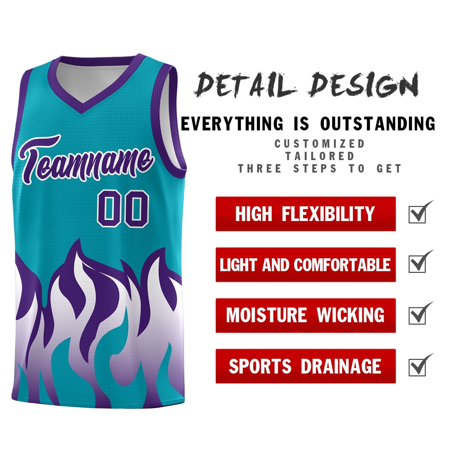 Custom Aqua Purple Hem Flame Pattern Fashion Sports Uniform Basketball jersey