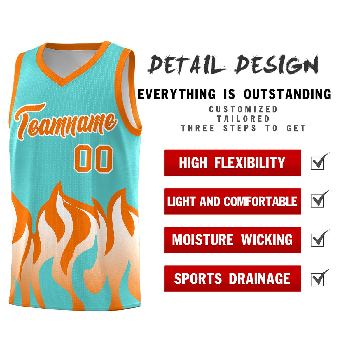 Custom Bright Green Orange Hem Flame Pattern Fashion Sports Uniform Basketball jersey