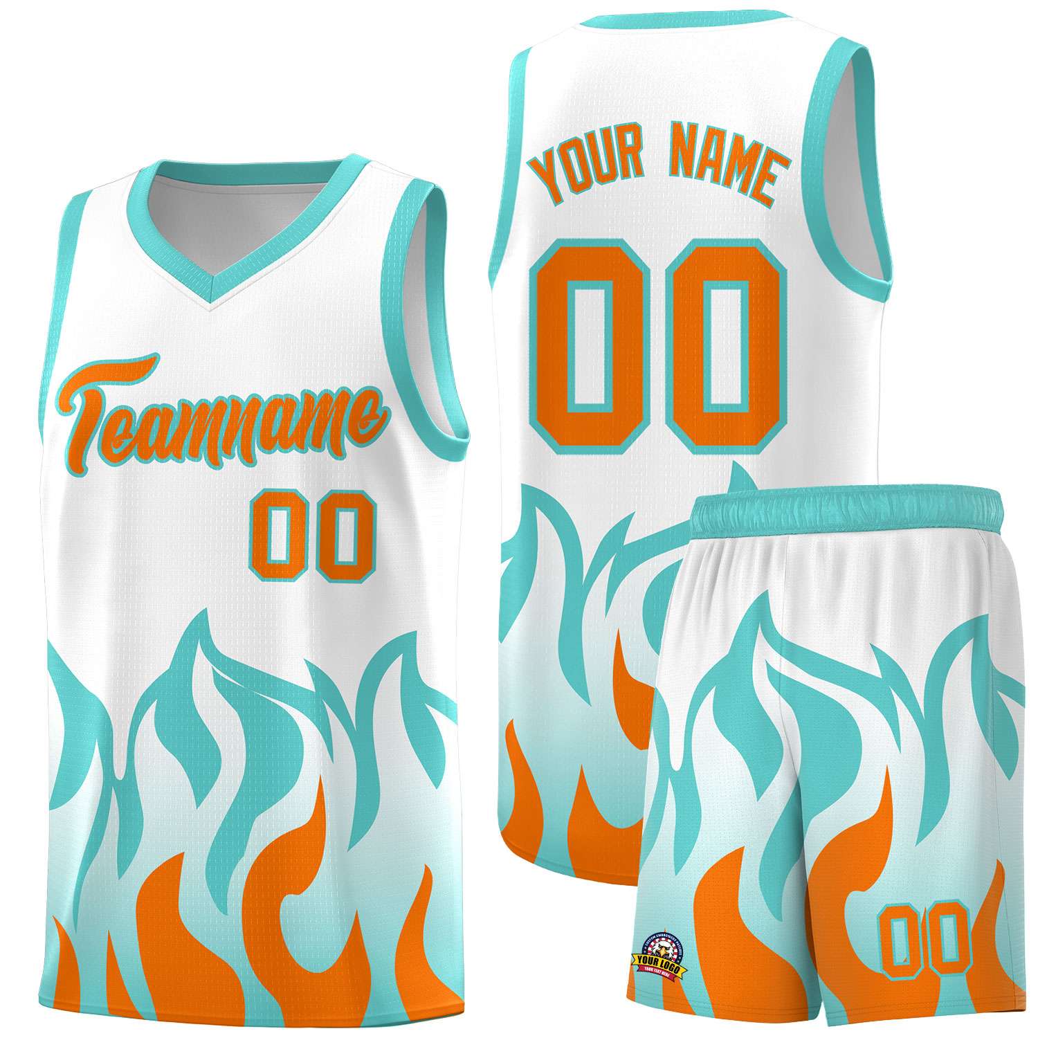 Custom White Orange Hem Flame Pattern Fashion Sports Uniform Basketball jersey