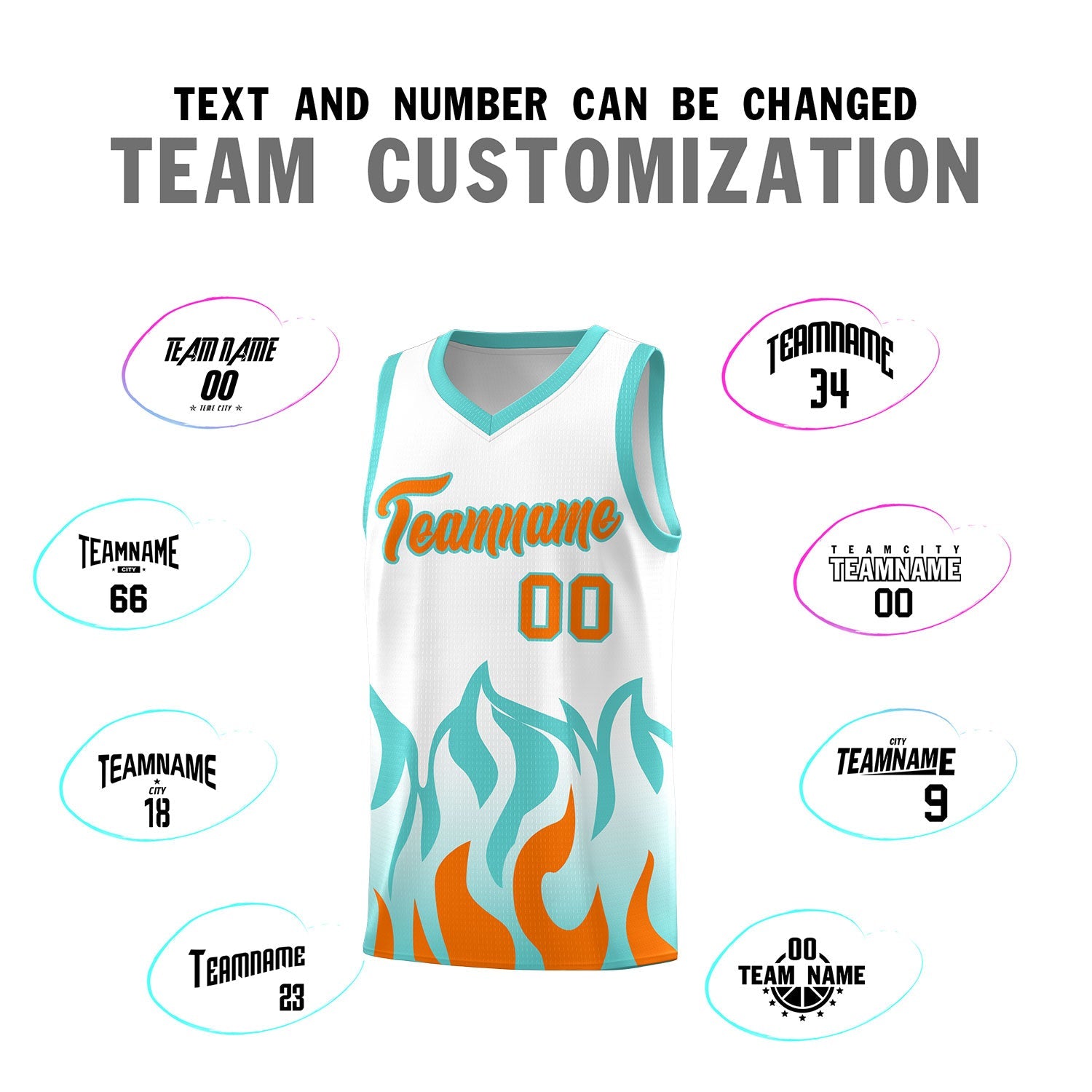 Custom White Orange Hem Flame Pattern Fashion Sports Uniform Basketball jersey