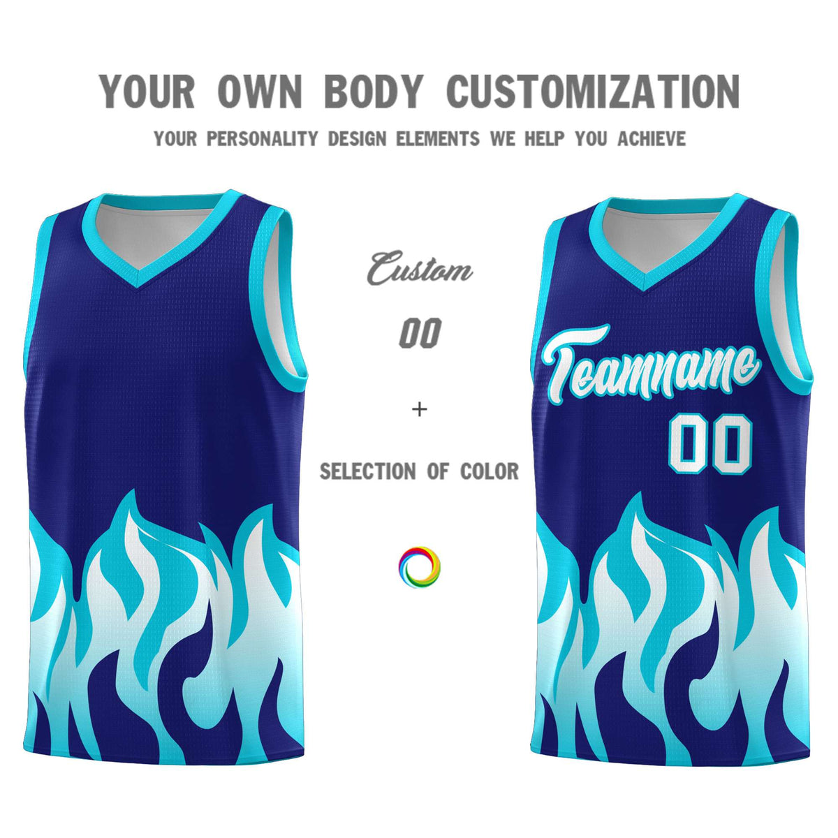 Custom Royal Sky Blue Hem Flame Pattern Fashion Sports Uniform Basketball jersey