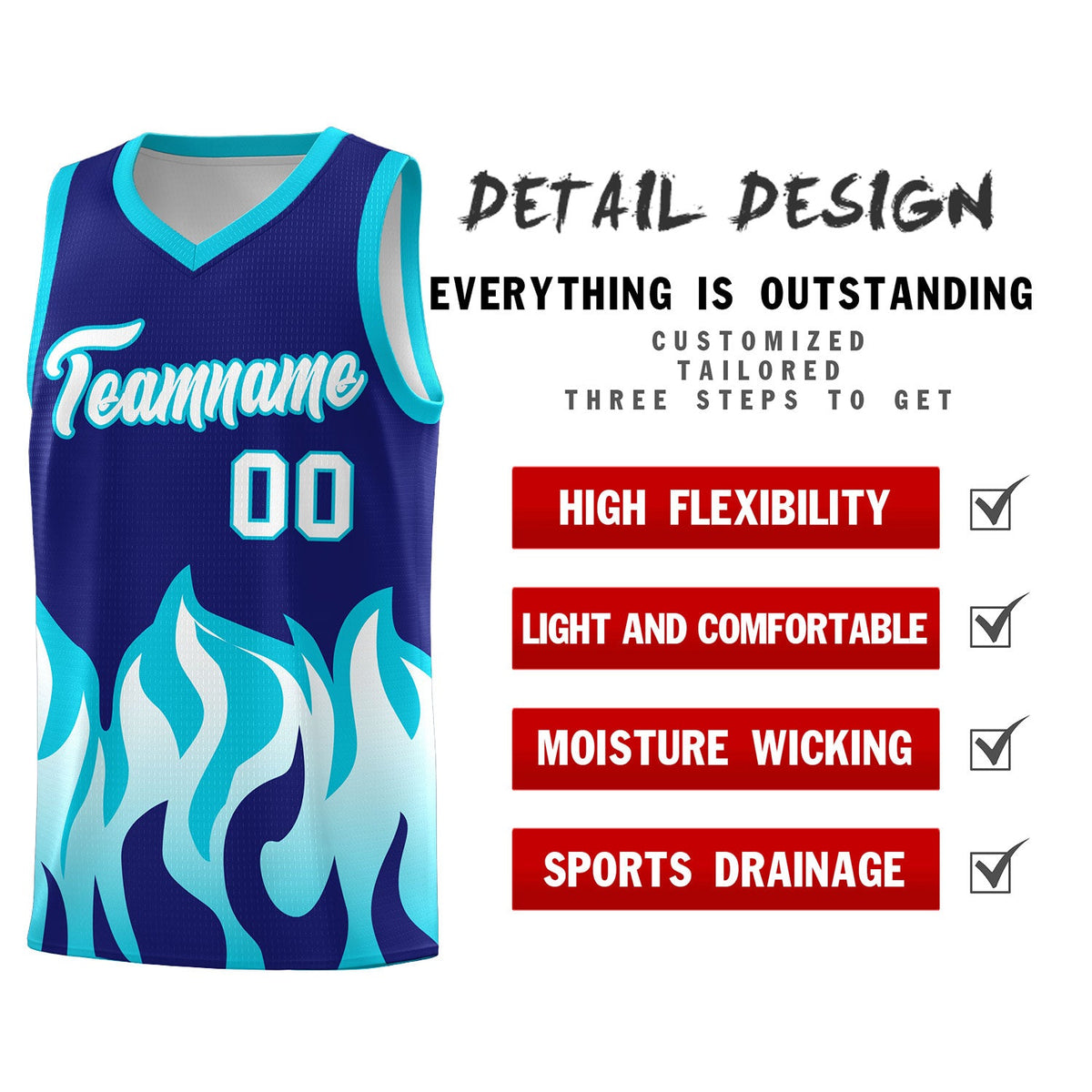 Custom Royal Sky Blue Hem Flame Pattern Fashion Sports Uniform Basketball jersey