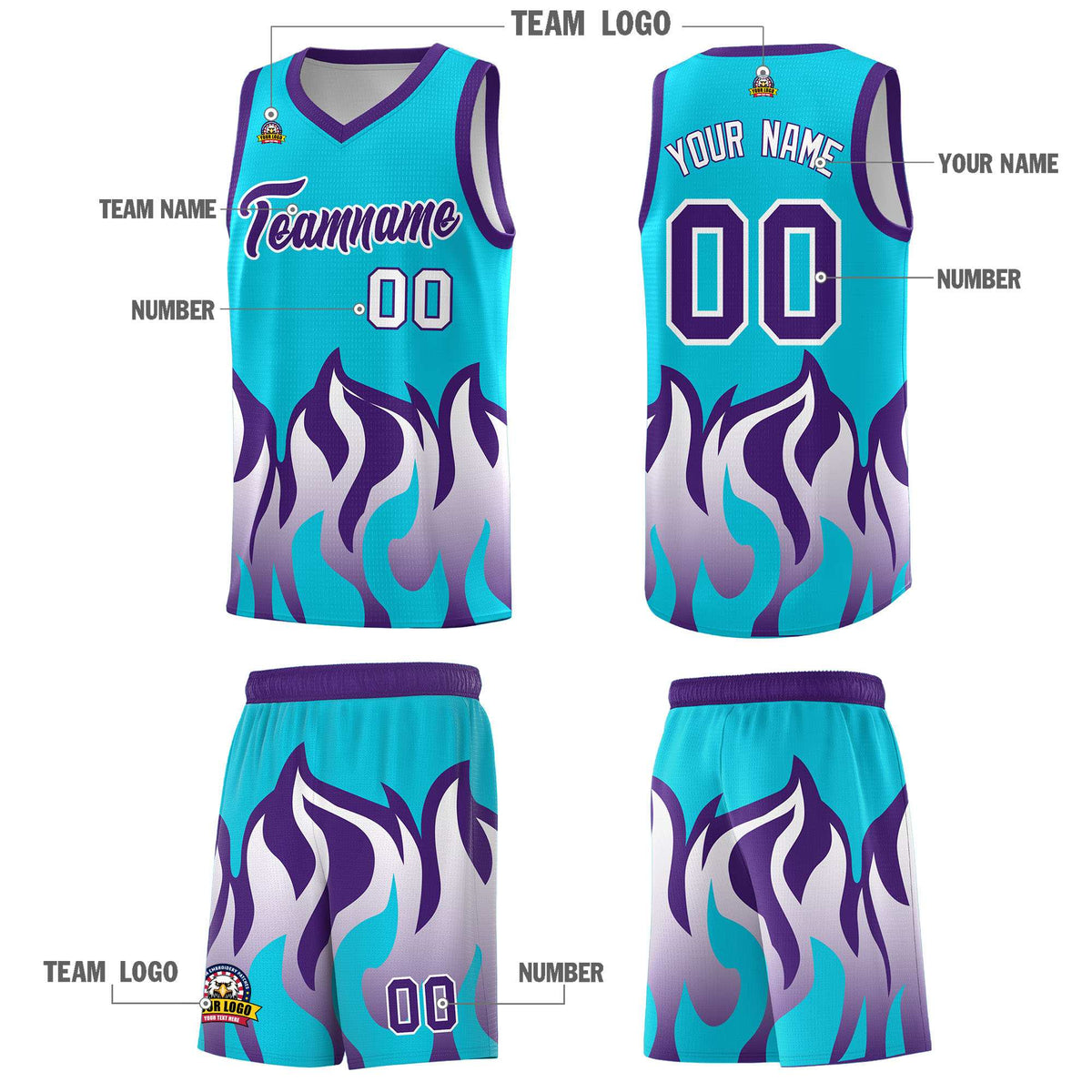 Custom Sky Blue Purple Hem Flame Pattern Fashion Sports Uniform Basketball jersey