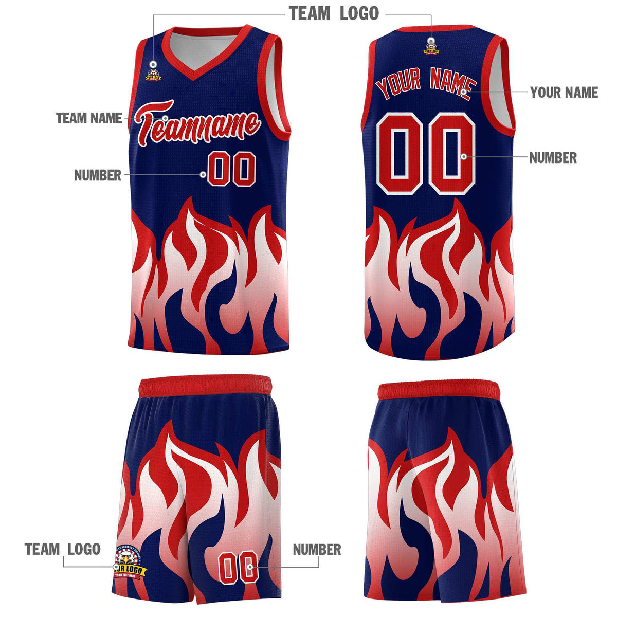 Custom Navy Red Hem Flame Pattern Fashion Sports Uniform Basketball jersey