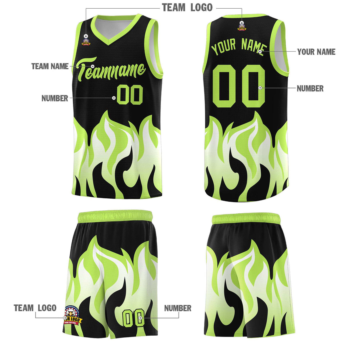 Custom Black Fluorescent Green Hem Flame Pattern Fashion Sports Uniform Basketball jersey