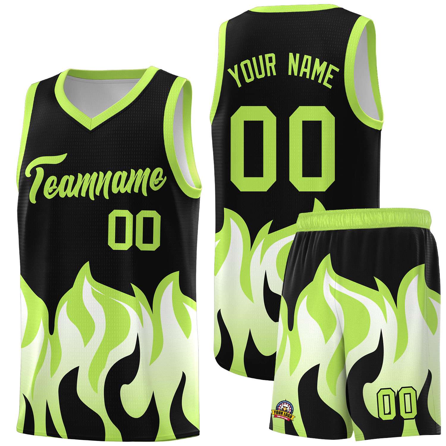 Custom Black Fluorescent Green Hem Flame Pattern Fashion Sports Uniform Basketball jersey