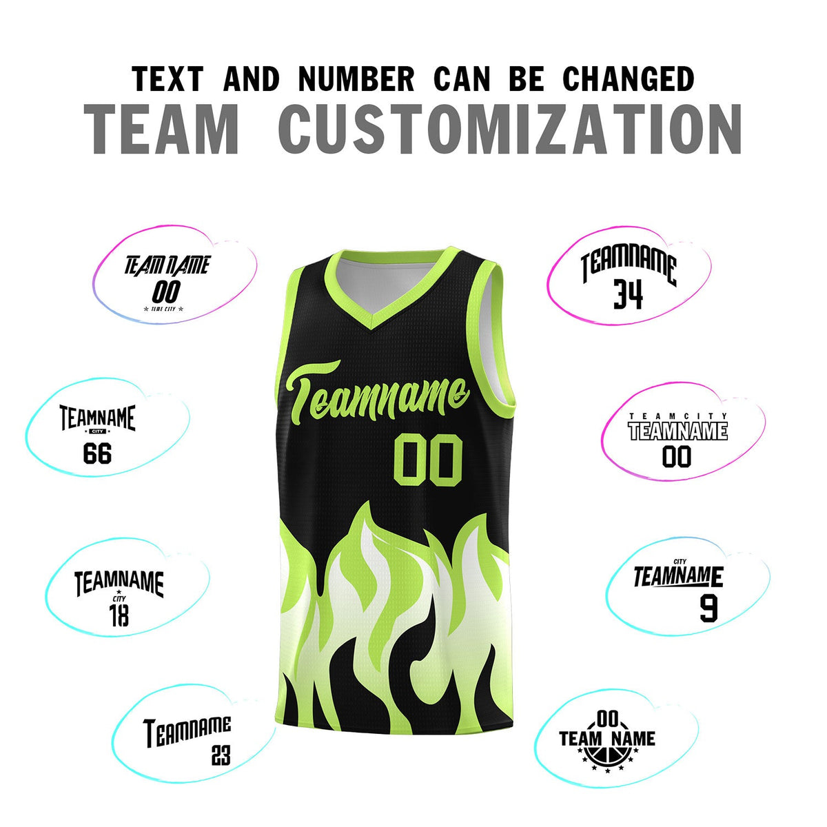 Custom Black Fluorescent Green Hem Flame Pattern Fashion Sports Uniform Basketball jersey