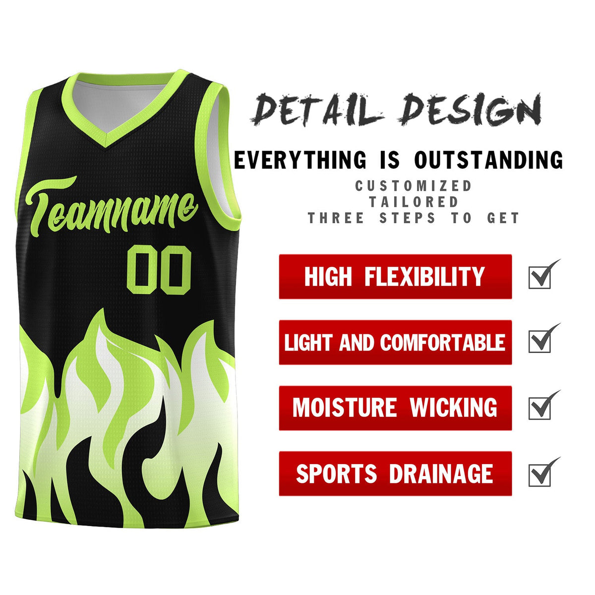 Custom Black Fluorescent Green Hem Flame Pattern Fashion Sports Uniform Basketball jersey