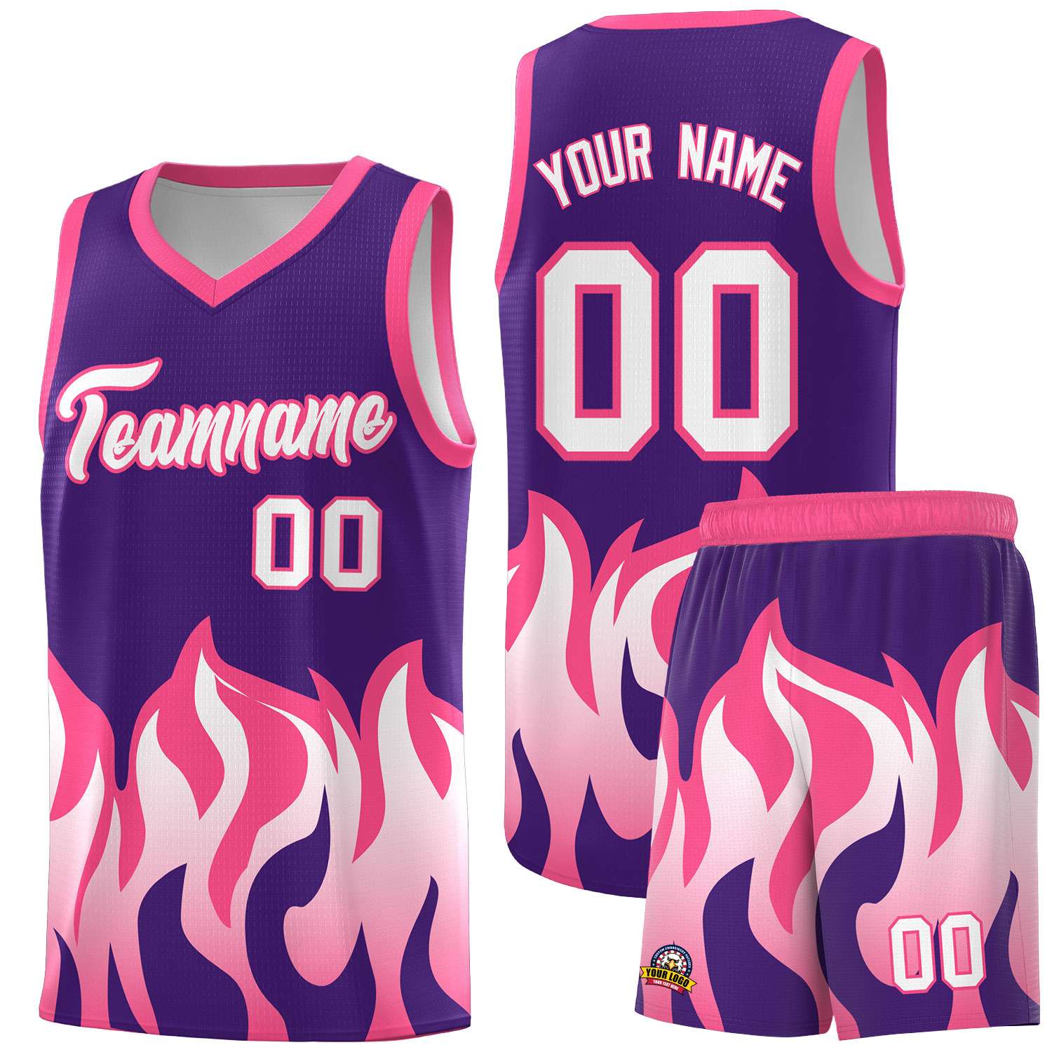 Custom Purple Pink Hem Flame Pattern Fashion Sports Uniform Basketball jersey