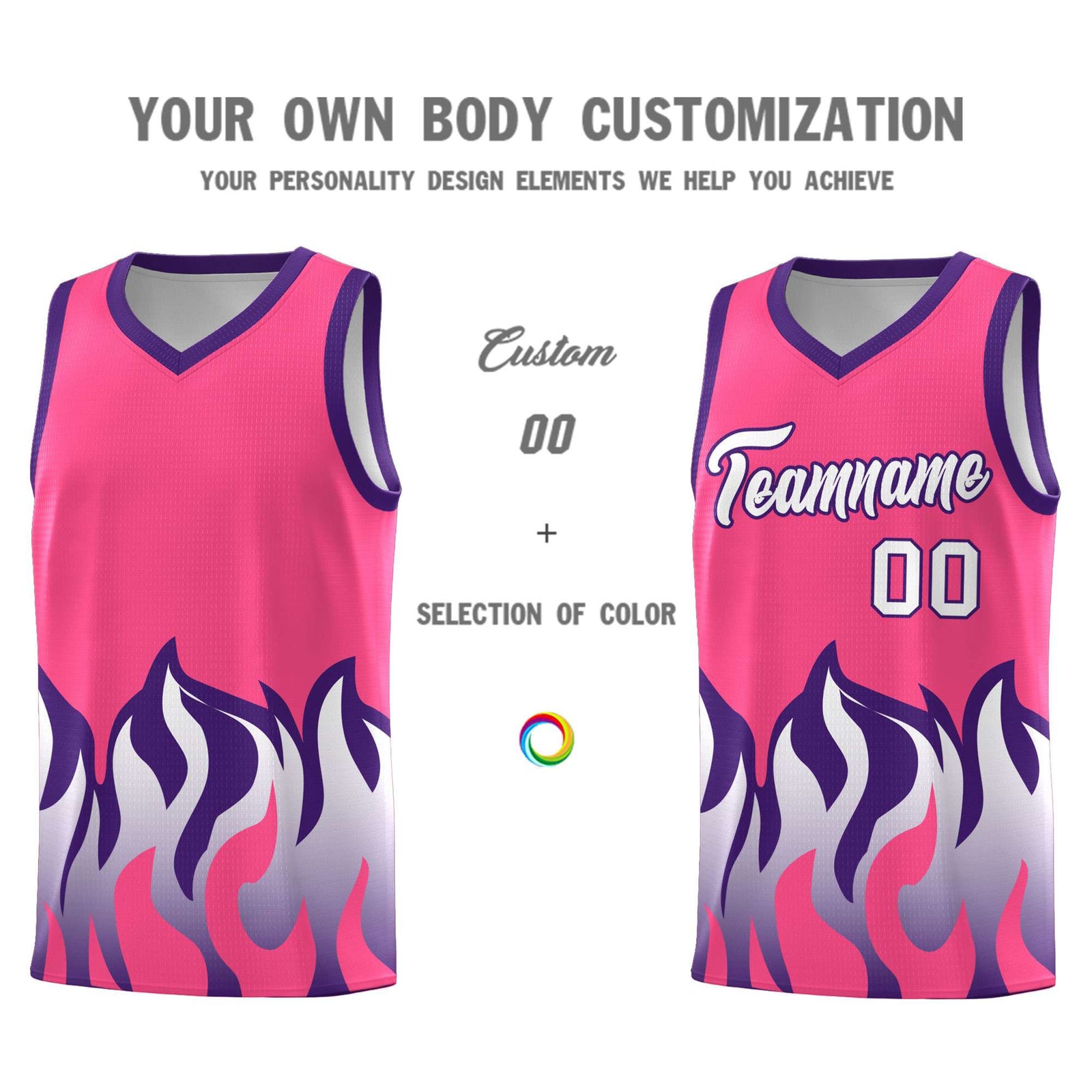 Custom Pink Purple Hem Flame Pattern Fashion Sports Uniform Basketball jersey